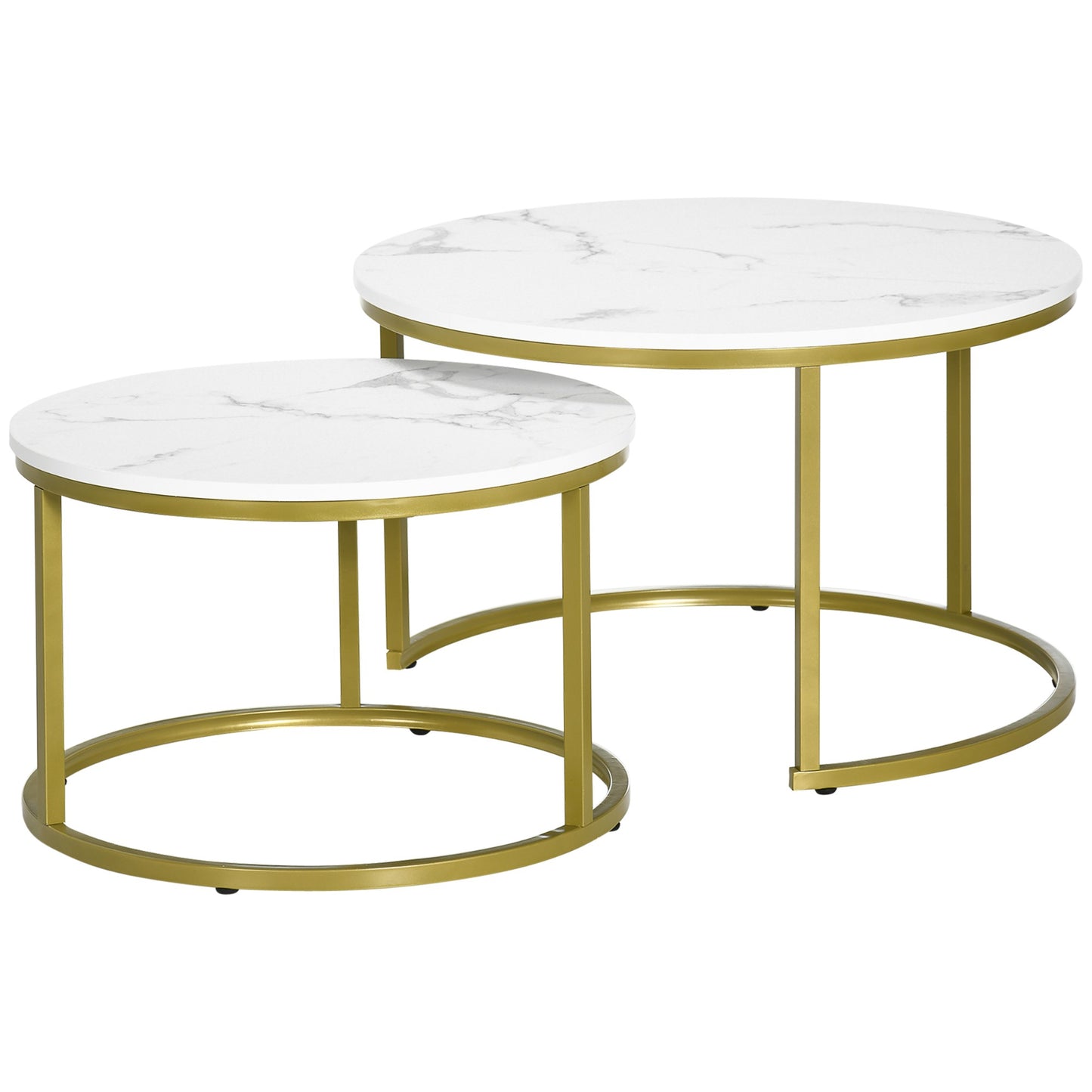 29" Round Nesting Coffee Tables with Faux Marble Top, White and Gold (Set of 2)