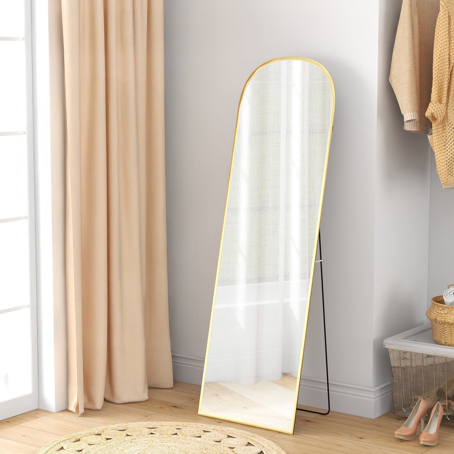 Arched Full Length Mirror with Gold Frame, 64" x 20", Versatile Standing or Wall Mount