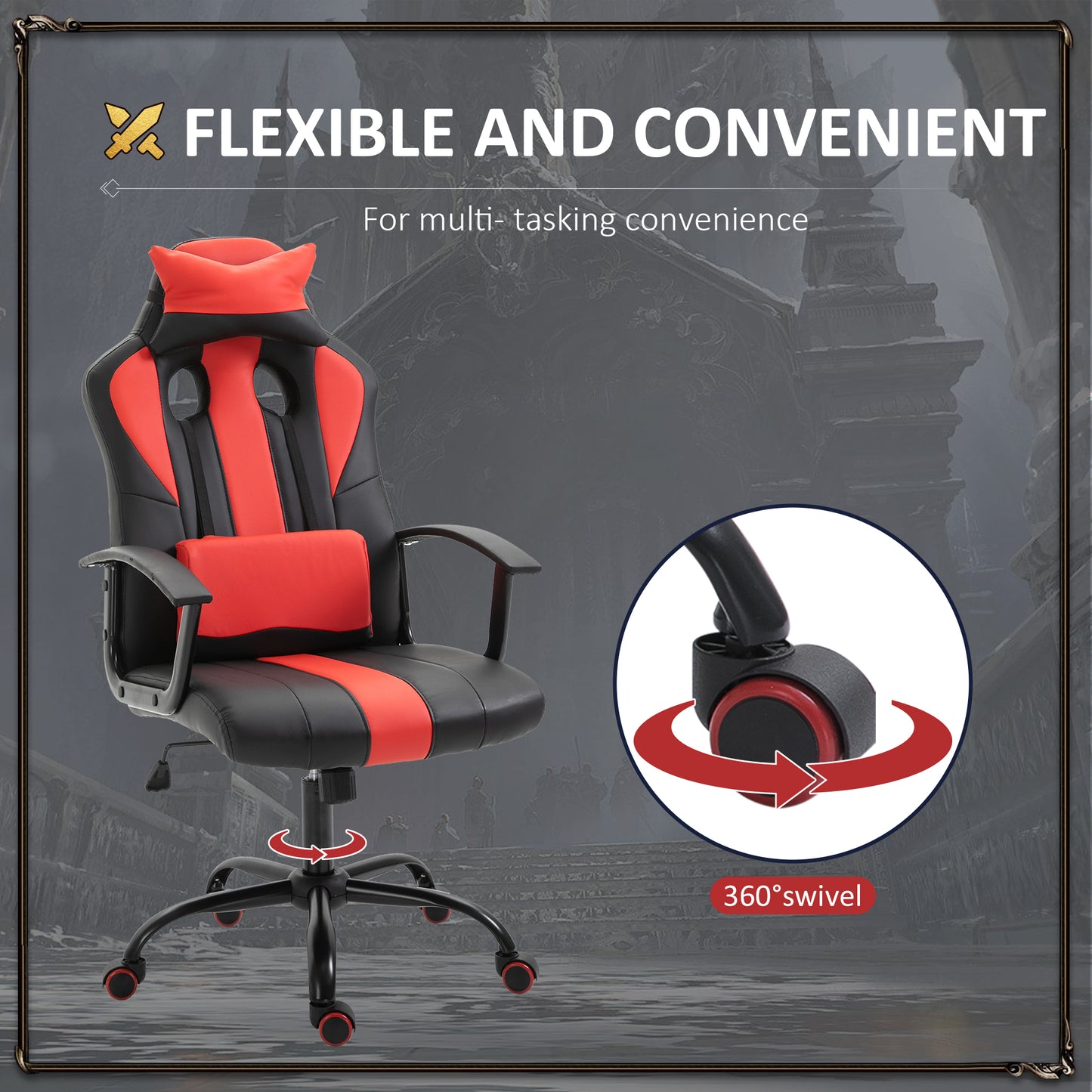 High-Back Racing Style Gaming Chair with Lumbar Support, Red and Black