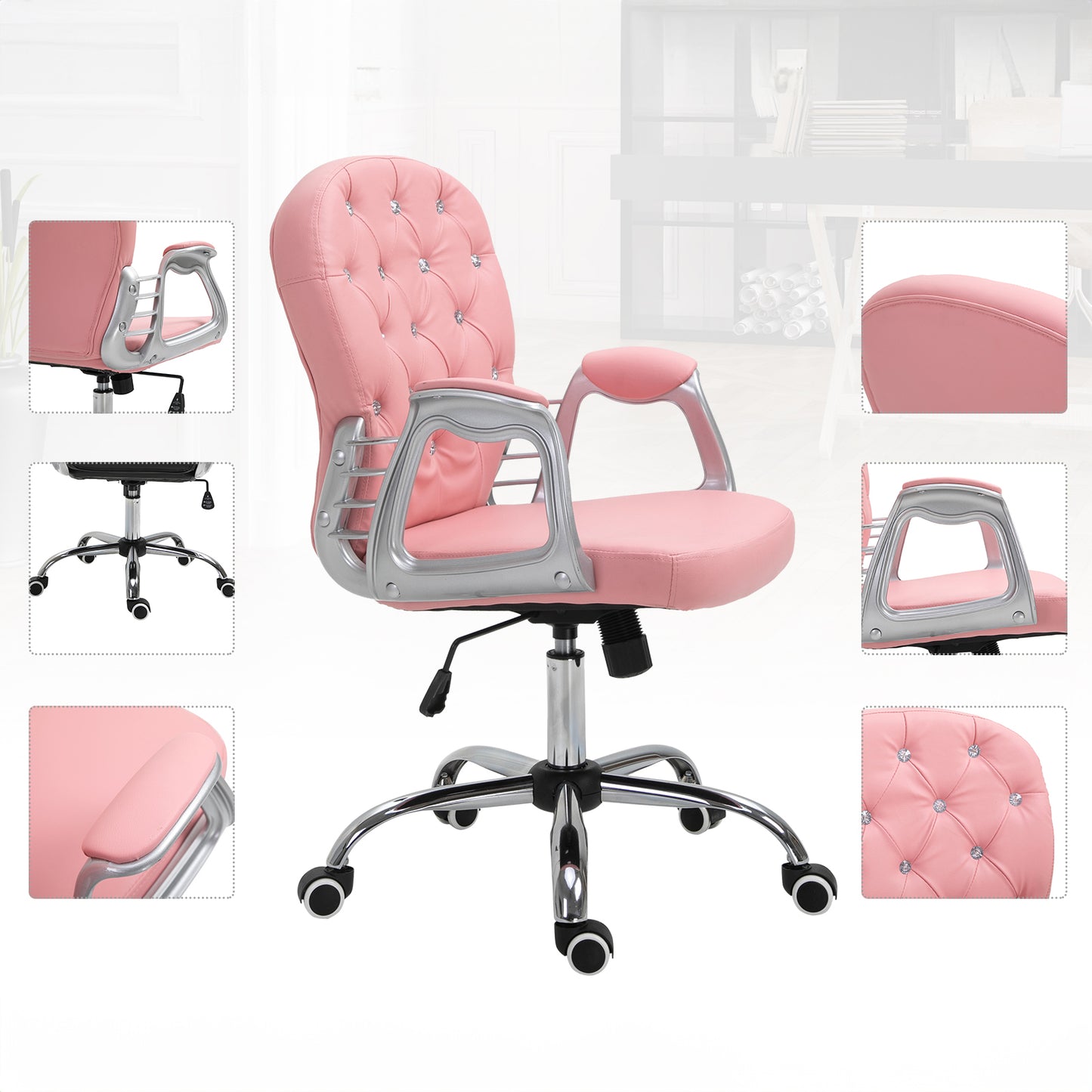 Tufted PU Leather Office Chair with 360° Swivel - Pink