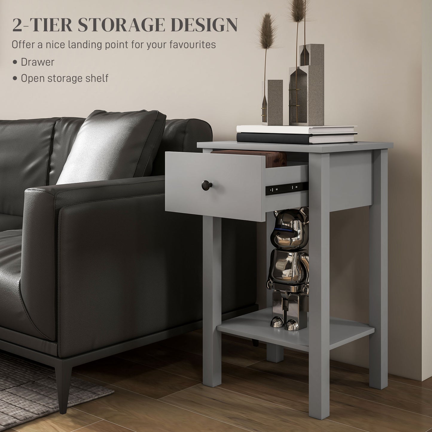 2-Tier Side Tables with Drawer and Shelf, Gray (Set of 2)