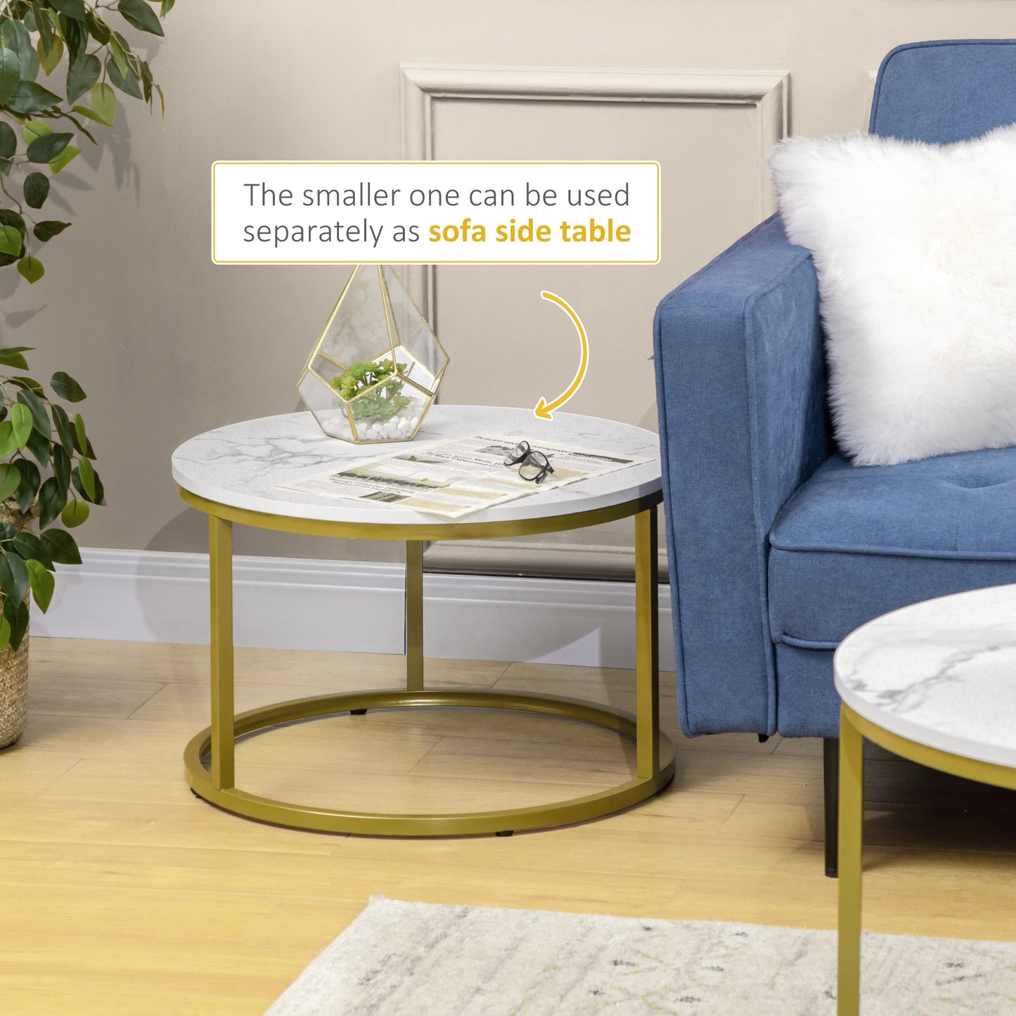 29" Round Nesting Coffee Tables with Faux Marble Top, White and Gold (Set of 2)