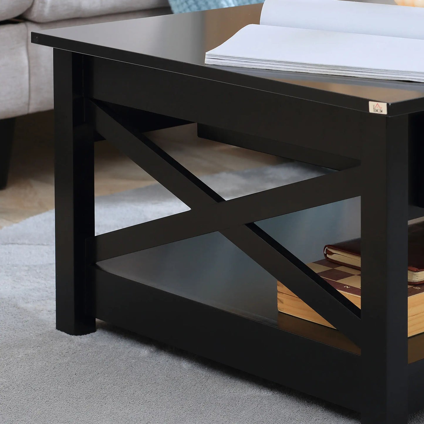 Farmhouse Coffee Table with Drawers and X-Frame, Black