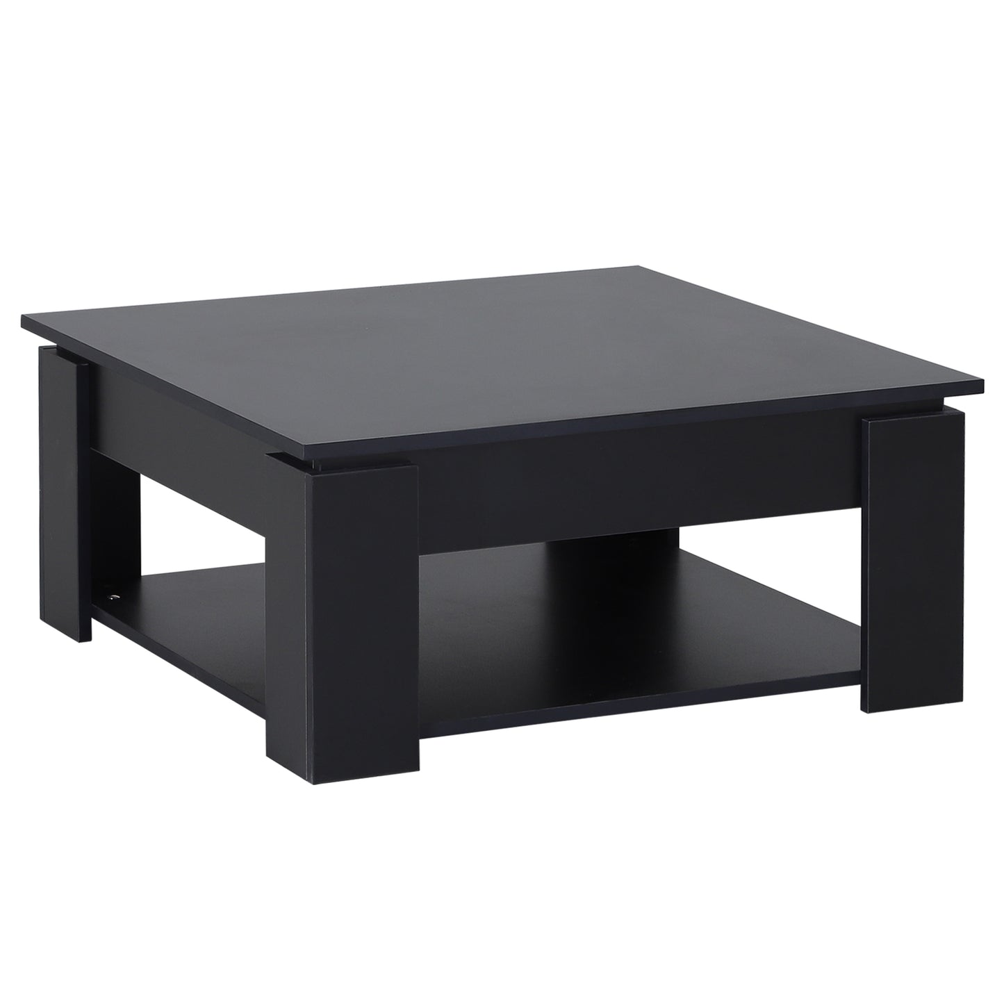 Modern Square Coffee Table with Storage Shelf - Black