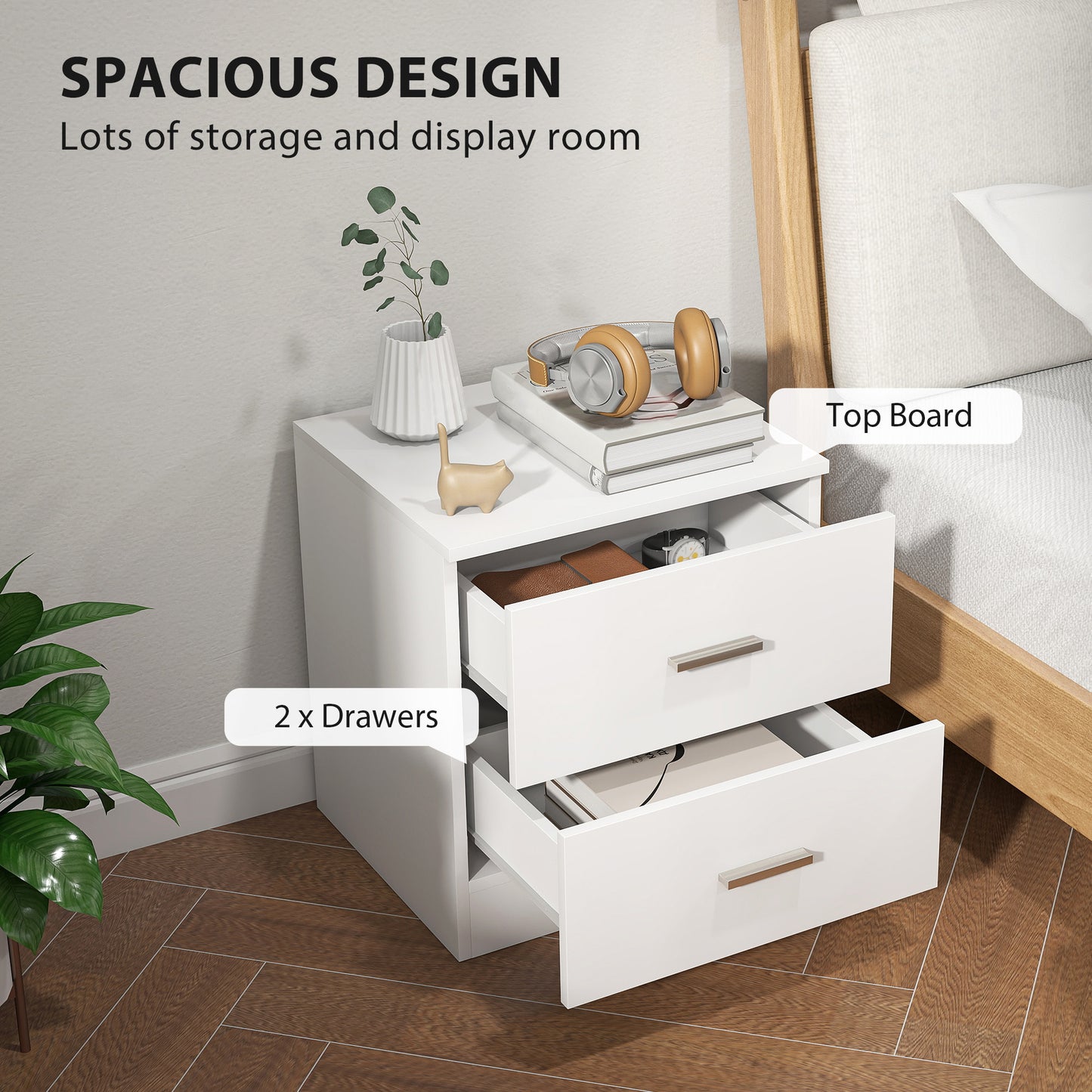 Modern Bedside Table with 2 Storage Drawers, White