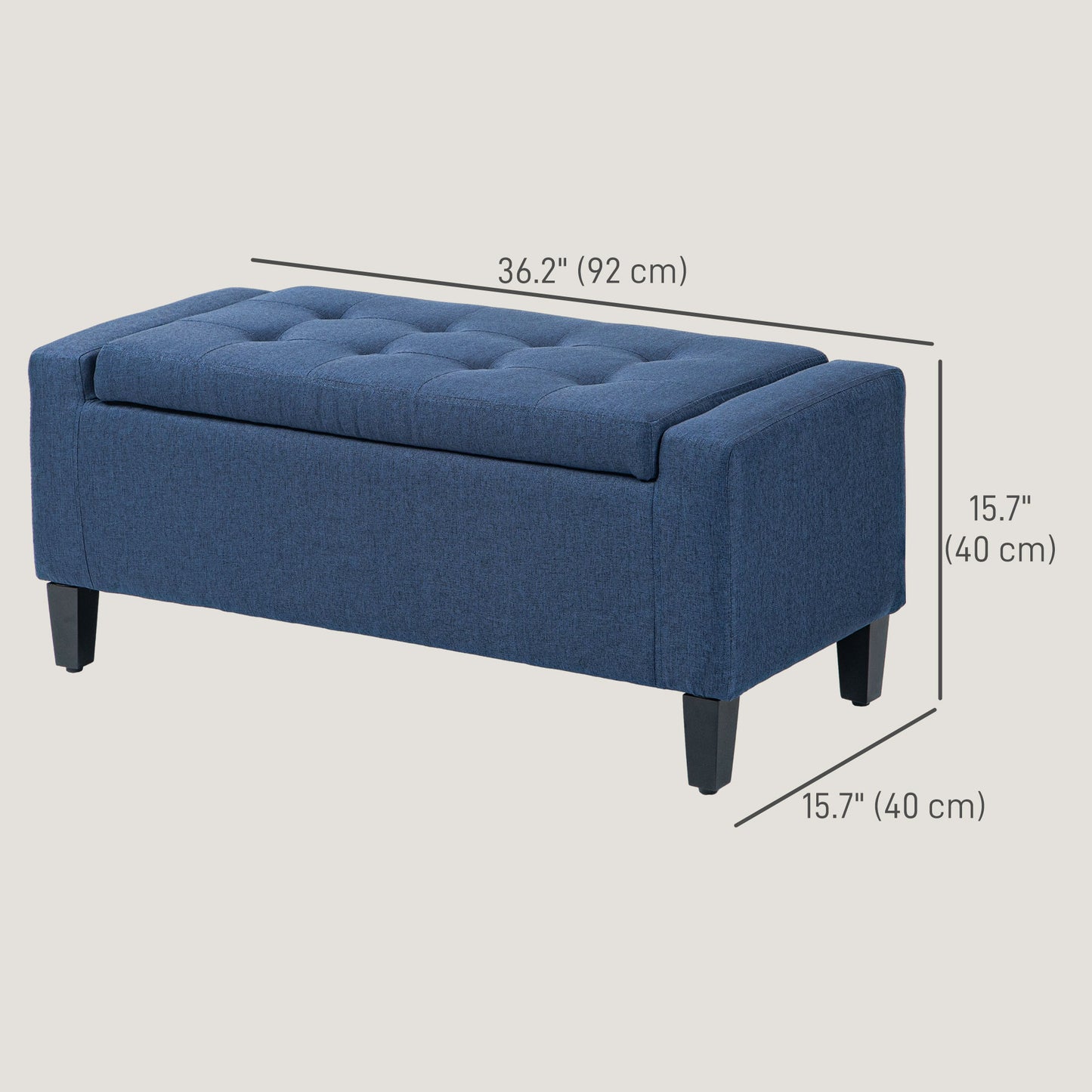 Linen Upholstered Storage Ottoman Bench with Tufted Design, Dark Blue