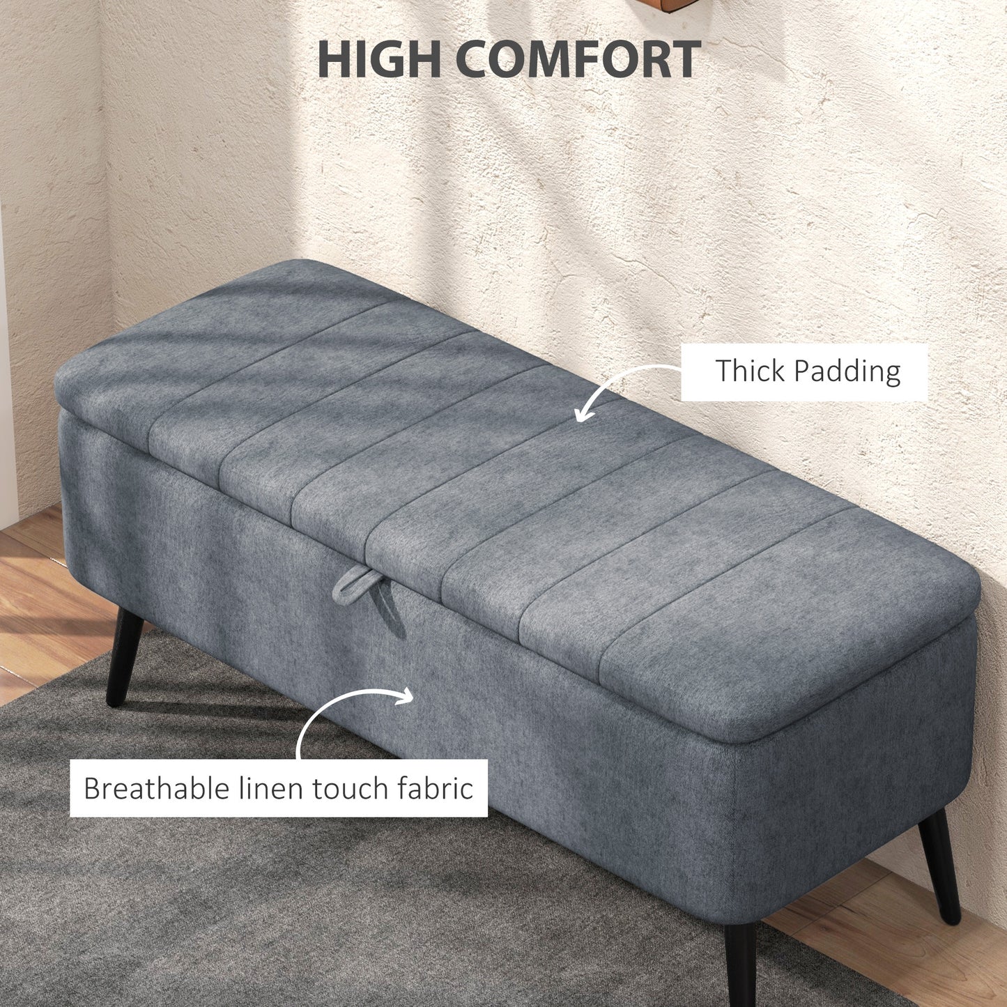 40" Linen Storage Ottoman Bench with Steel Legs, Dark Gray
