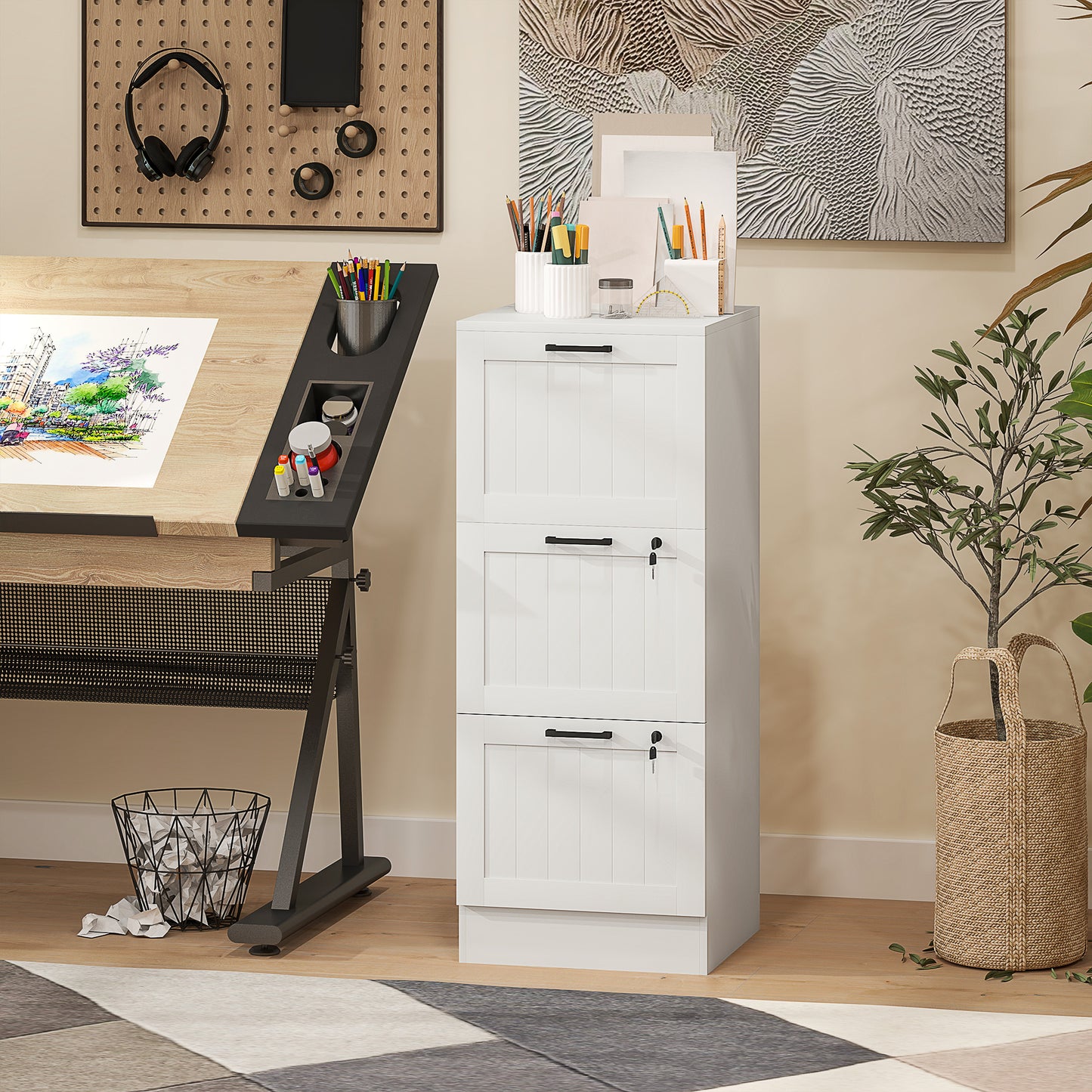 3-Drawer Locking File Cabinet with Adjustable Hanging Bars - White