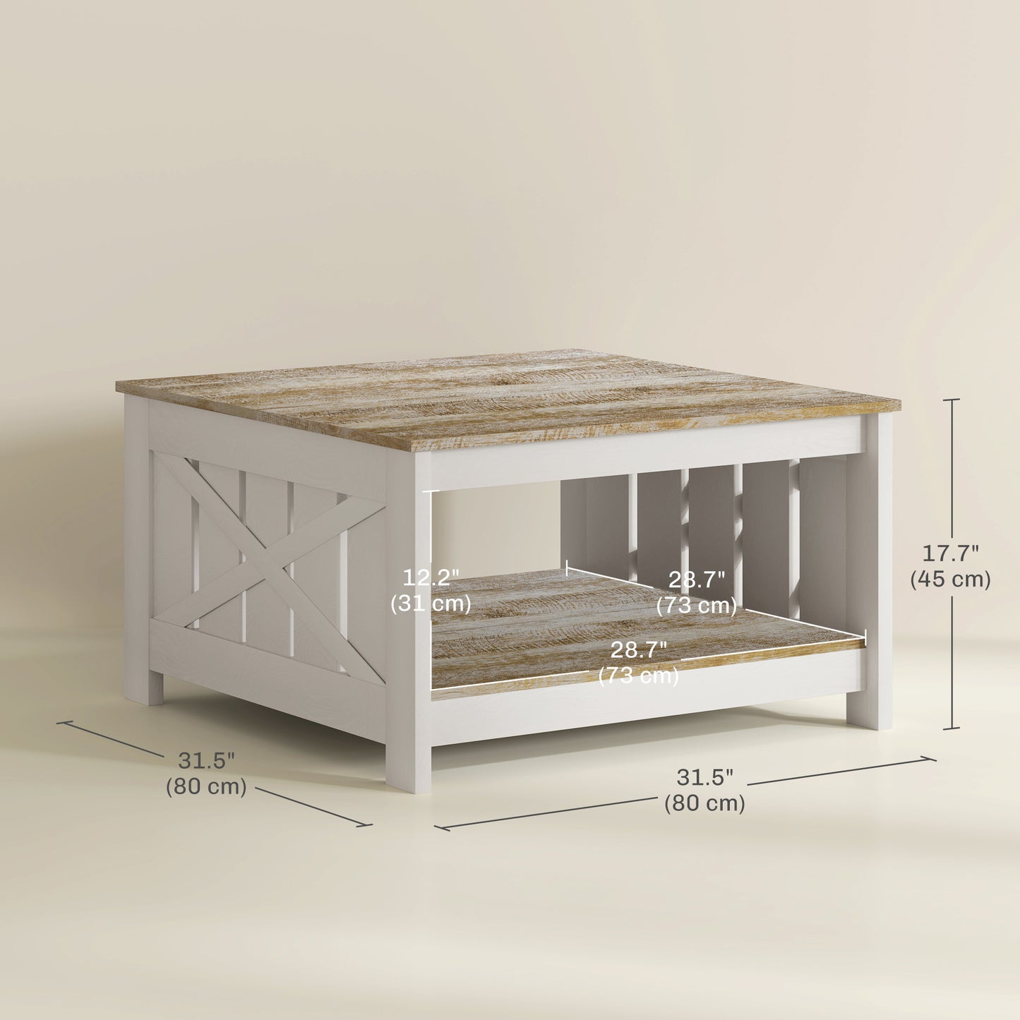 Farmhouse Square Coffee Table with X-Frame Design - Distressed Oak and Brown