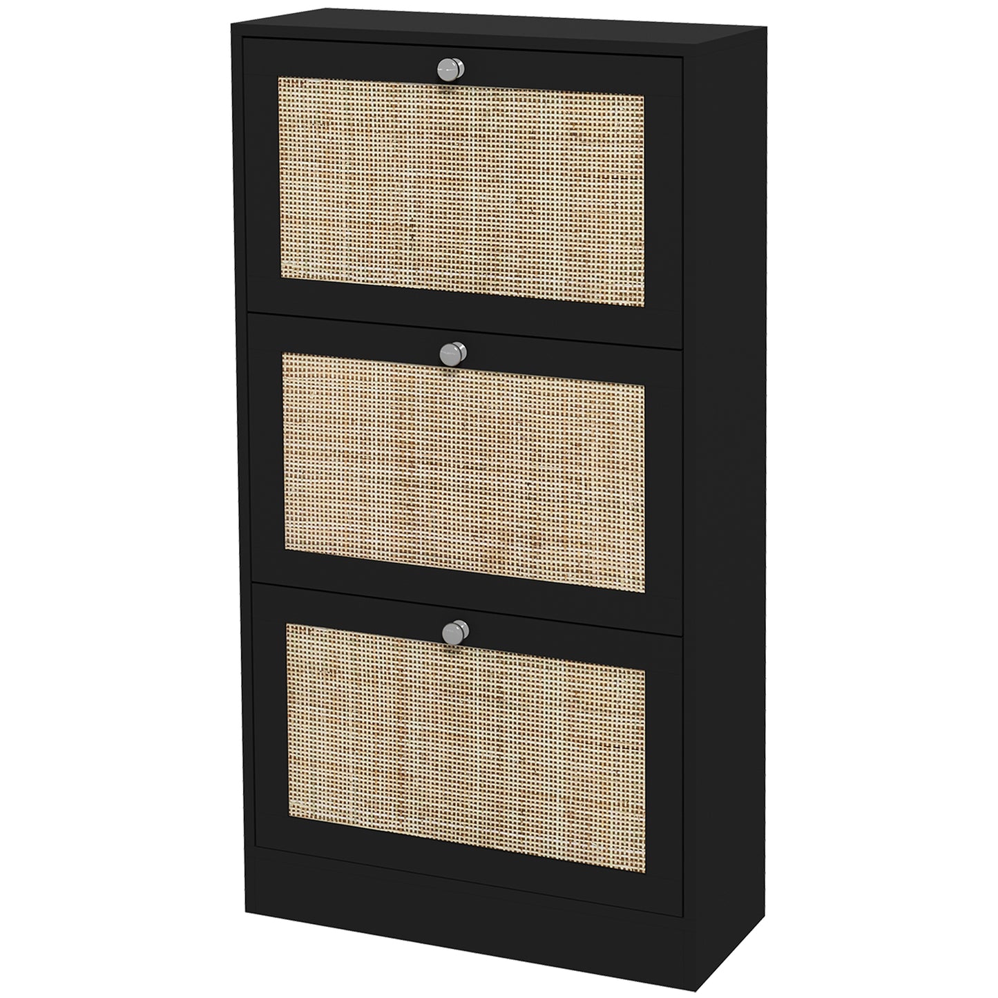Rattan Front Shoe Cabinet with 3 Flip Drawers for 18 Pairs, Black