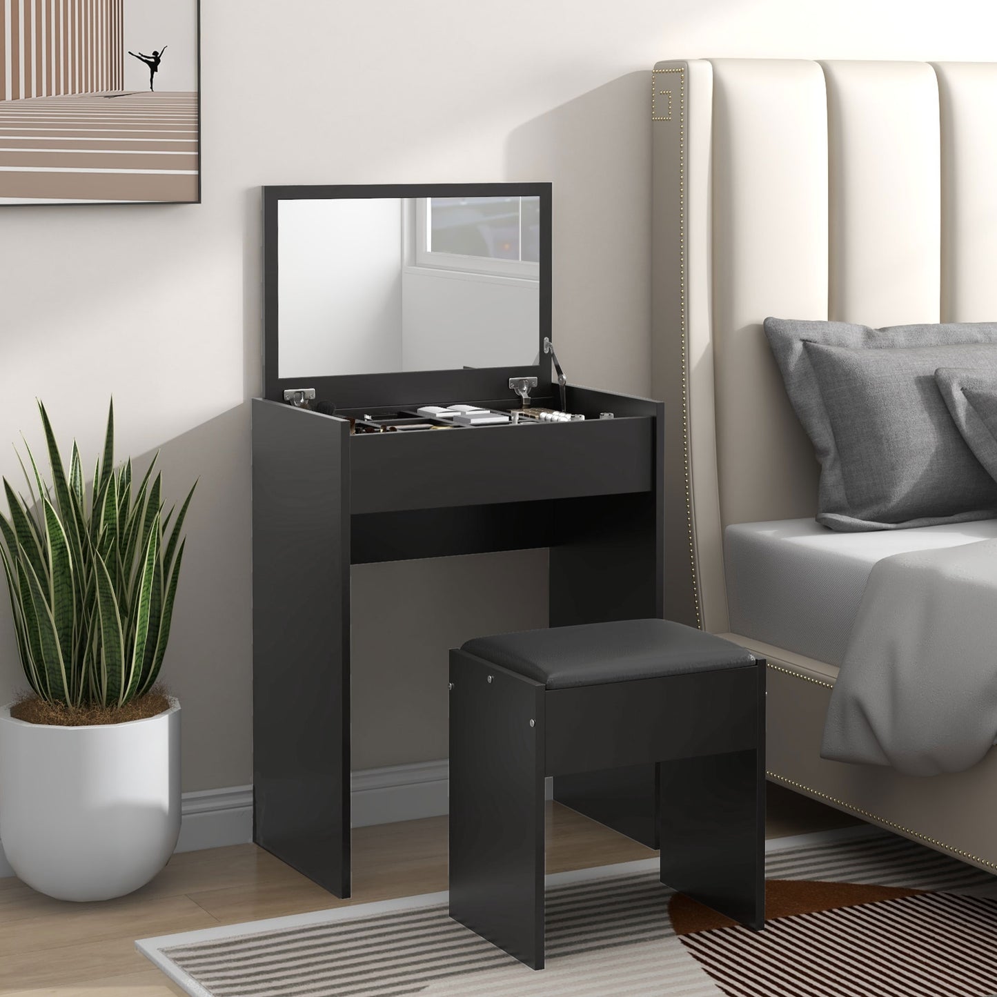 Modern Vanity Set with Flip-Top Mirror and Cushioned Stool