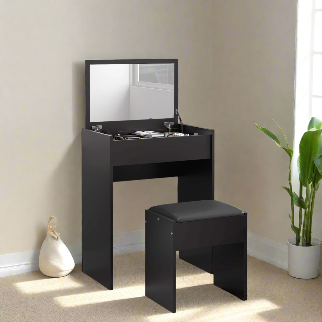 Modern Vanity Set with Flip-Top Mirror and Cushioned Stool
