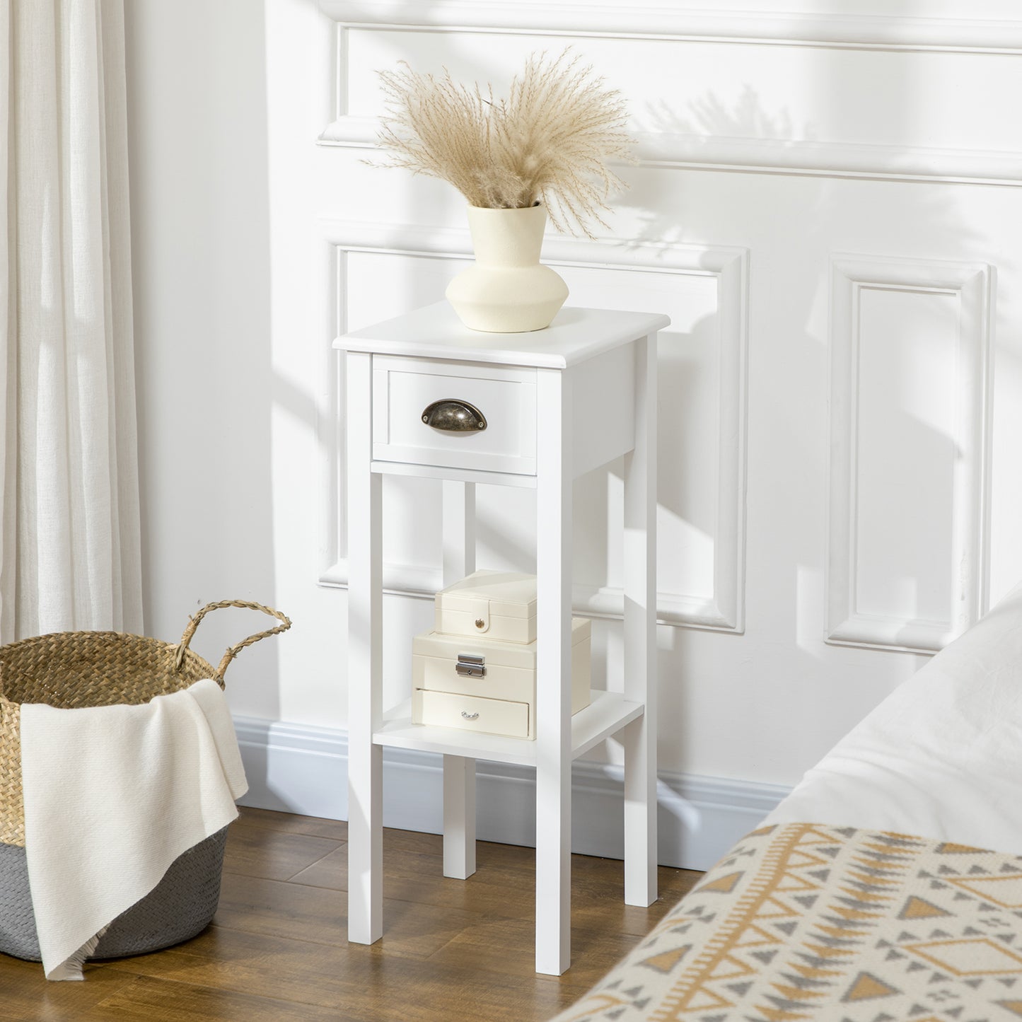 Narrow Tall Side Tables with Drawer and Shelf, White (Set of 2)