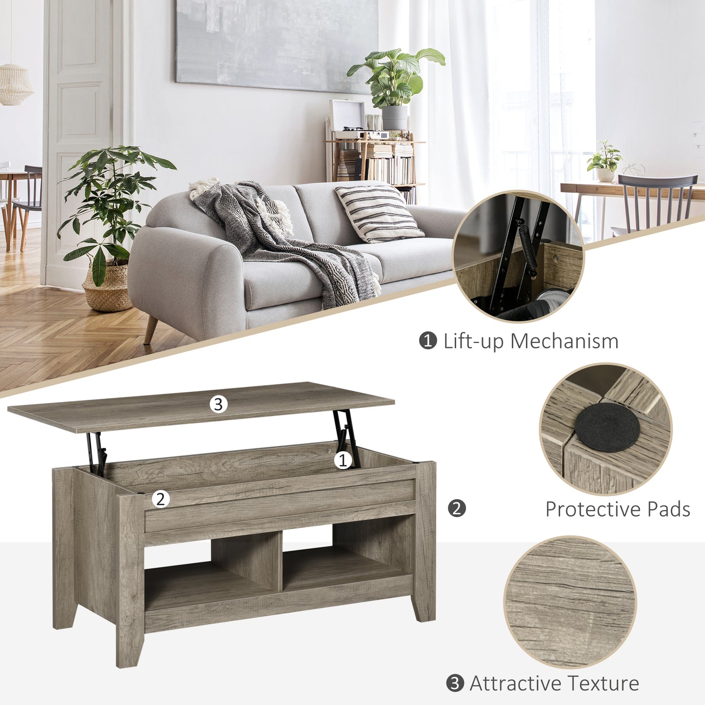 Lift Top Coffee Table with Hidden Storage, Oak Effect
