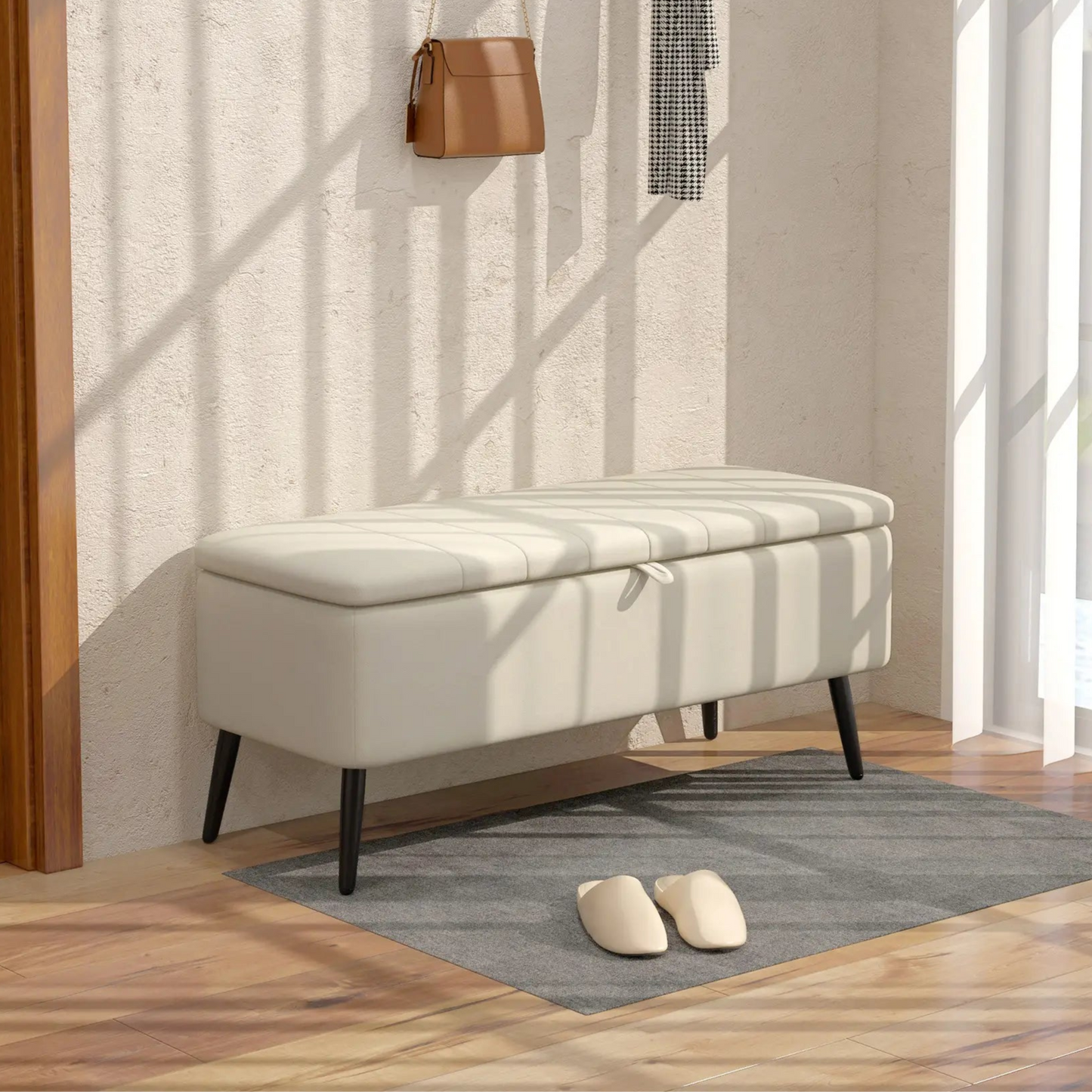 40" Linen Storage Ottoman Bench with Steel Legs, Cream White