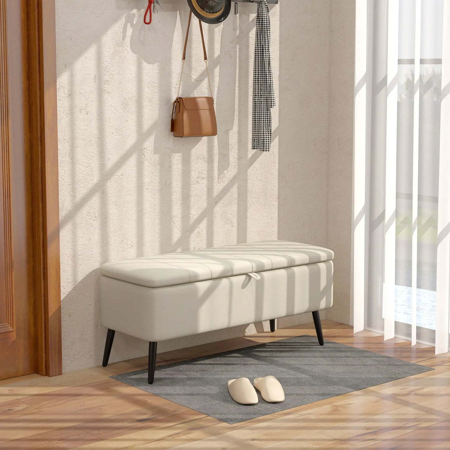 40" Linen Storage Ottoman Bench with Steel Legs, Cream White