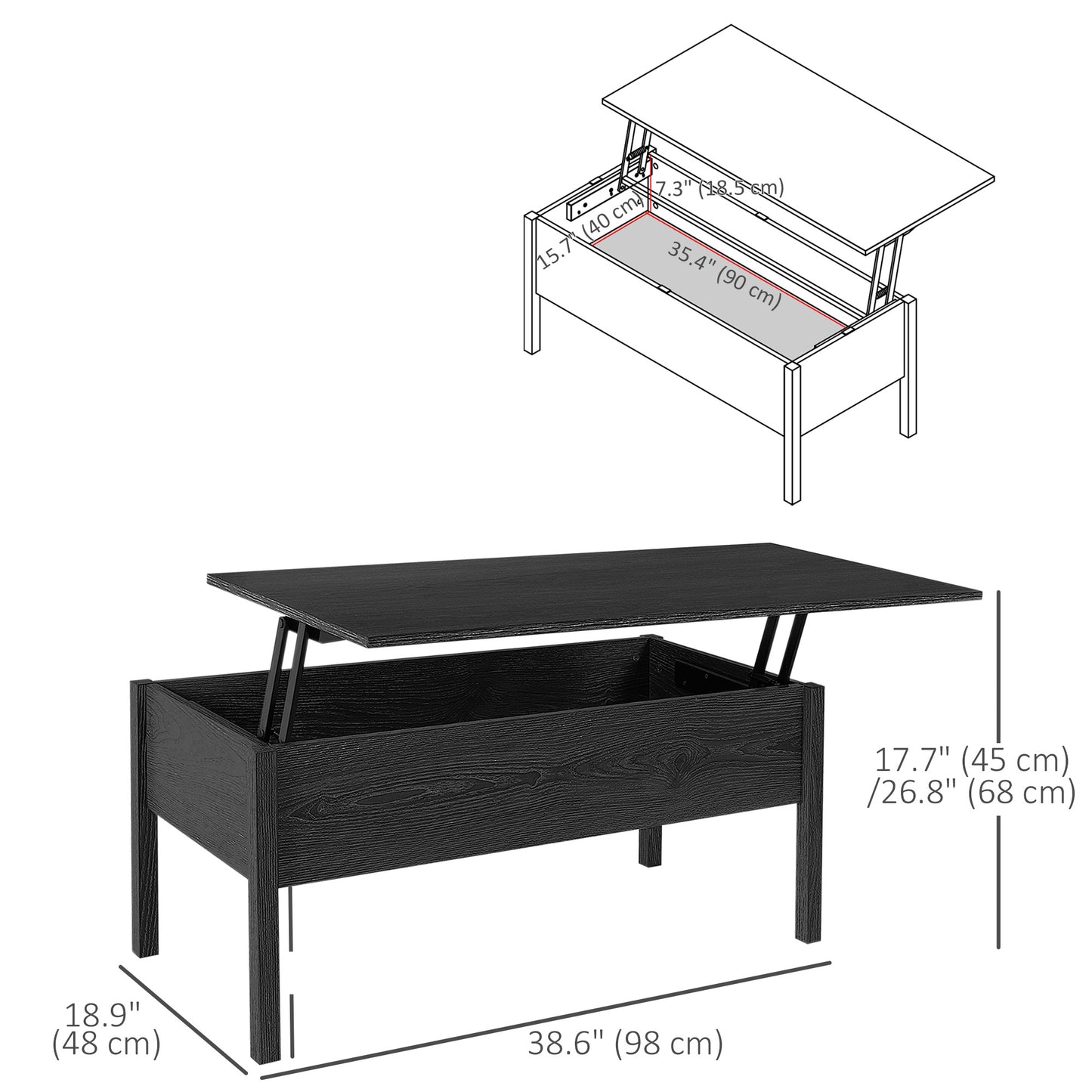 39" Lift Top Coffee Table with Hidden Storage, Black