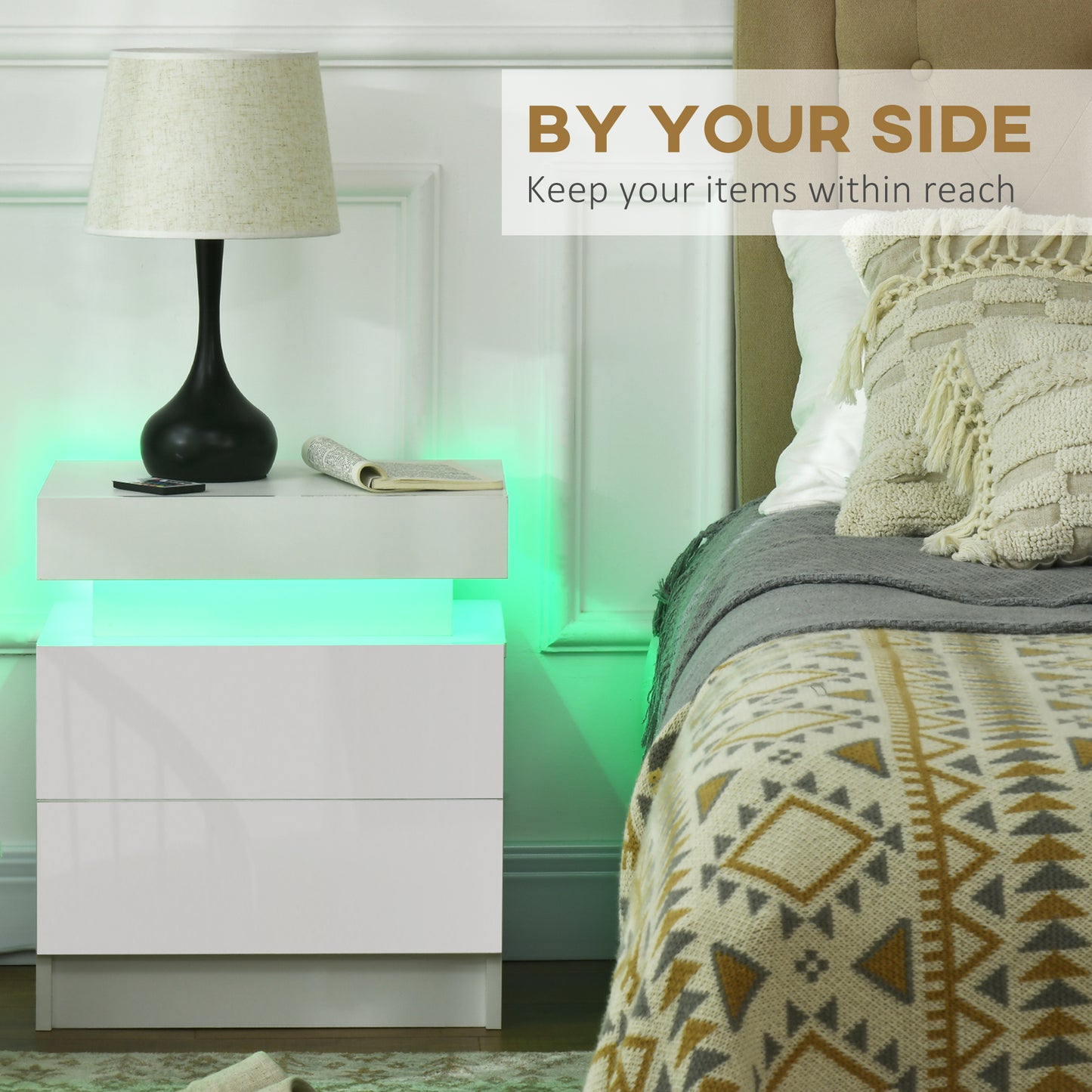 LED Nightstand with Remote Control and 2 Drawers, White