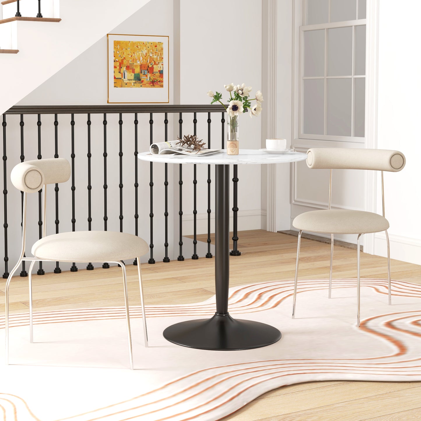 Round Dining Table with Steel Pedestal Base - White Marble