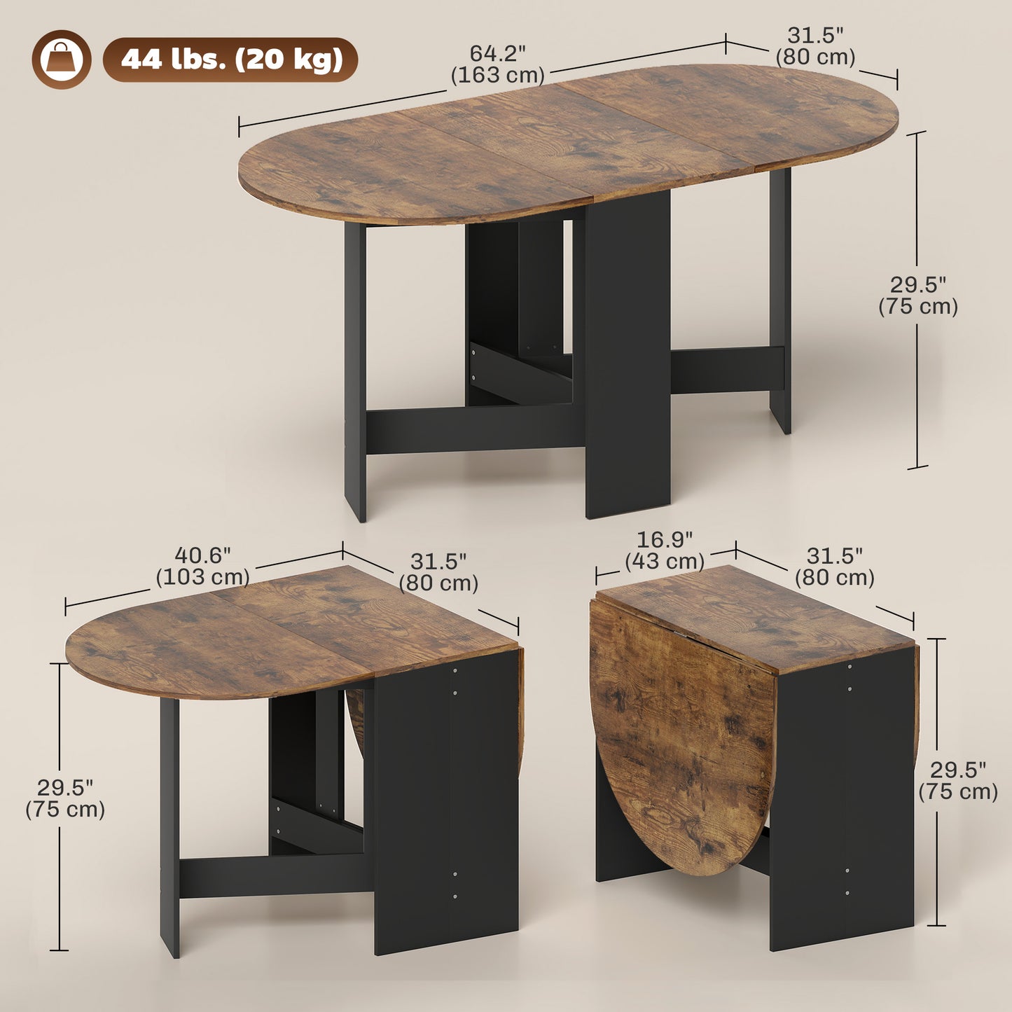 Oval Drop Leaf Dining Table with Space-Saving Design for Up to 6 People, Rustic Brown