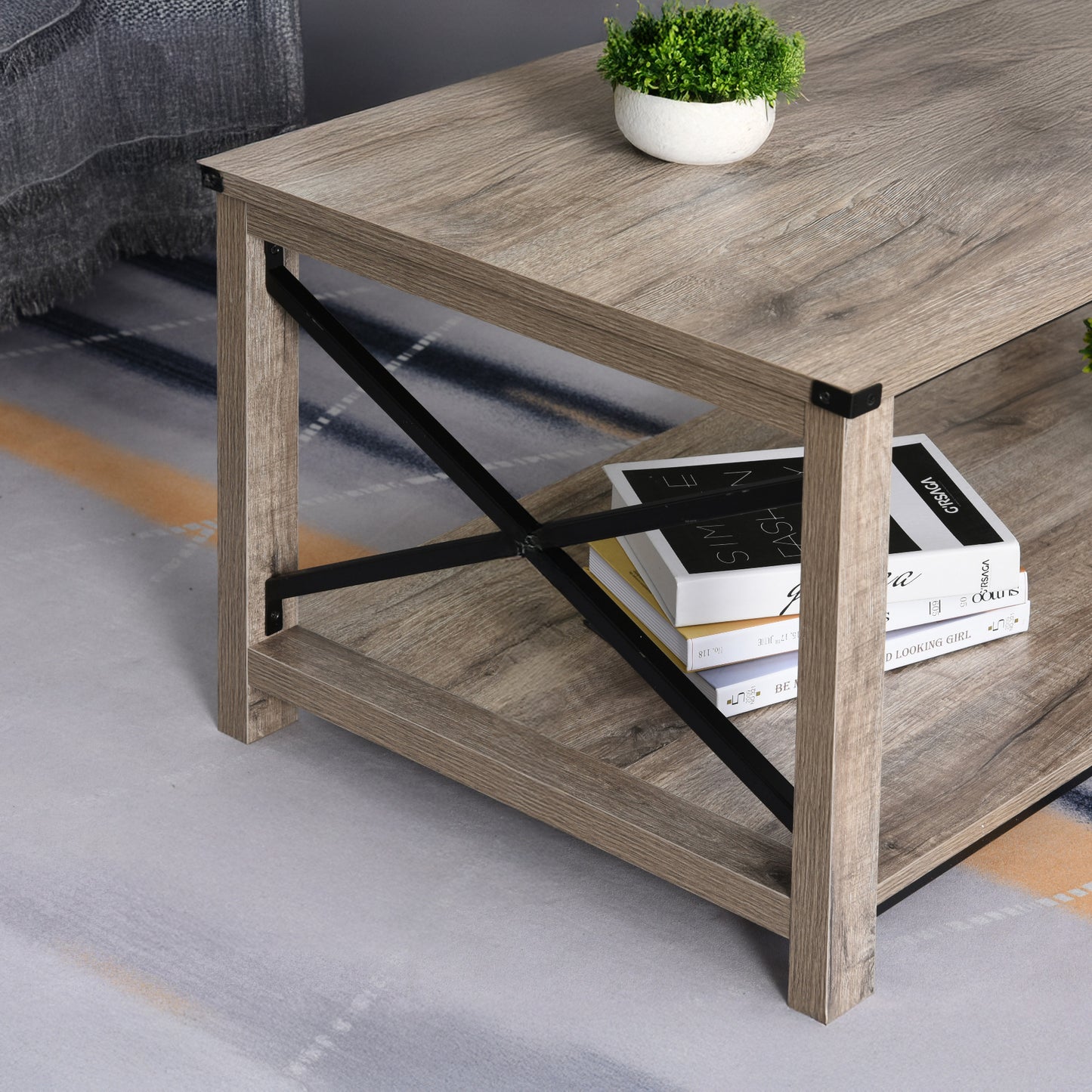 Coffee Table with X-Bar Storage Shelf, Oak
