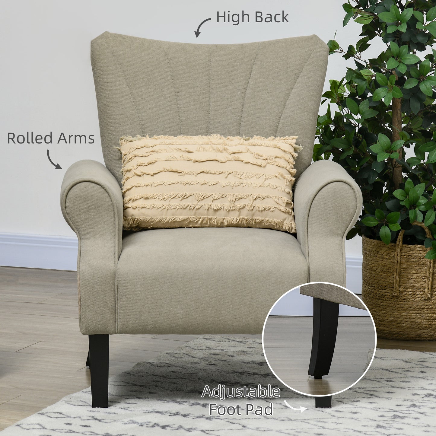 Fabric Wingback Accent Chair with Wood Legs, Beige