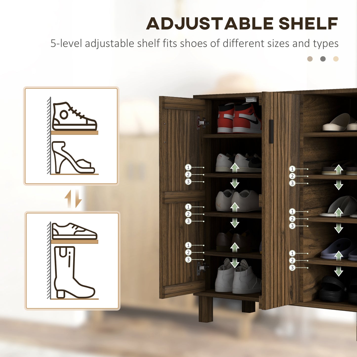 17 Pair Shoe Storage Cabinet with Double Doors and Open Shelves, Walnut