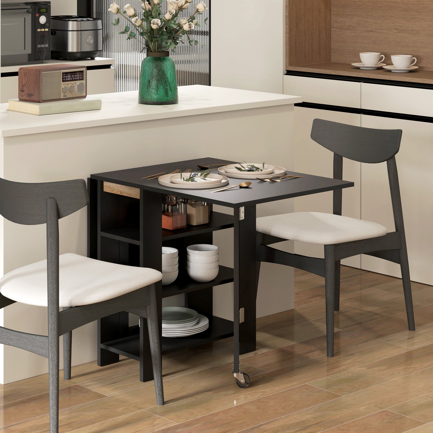Folding Dining Table with Built-In Storage Shelves - Black
