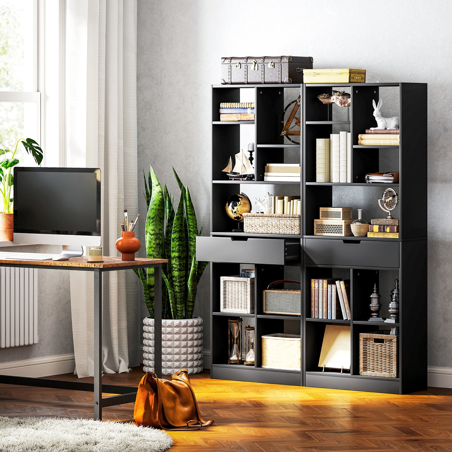 Tall Bookshelf with Drawer and Wide Worktop, Black