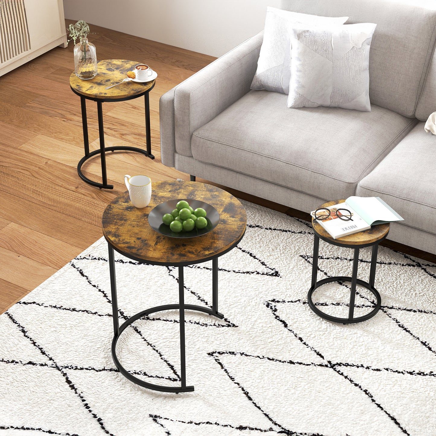 Round Nesting Coffee Table Set of 3 with Steel Frame - Rustic Brown