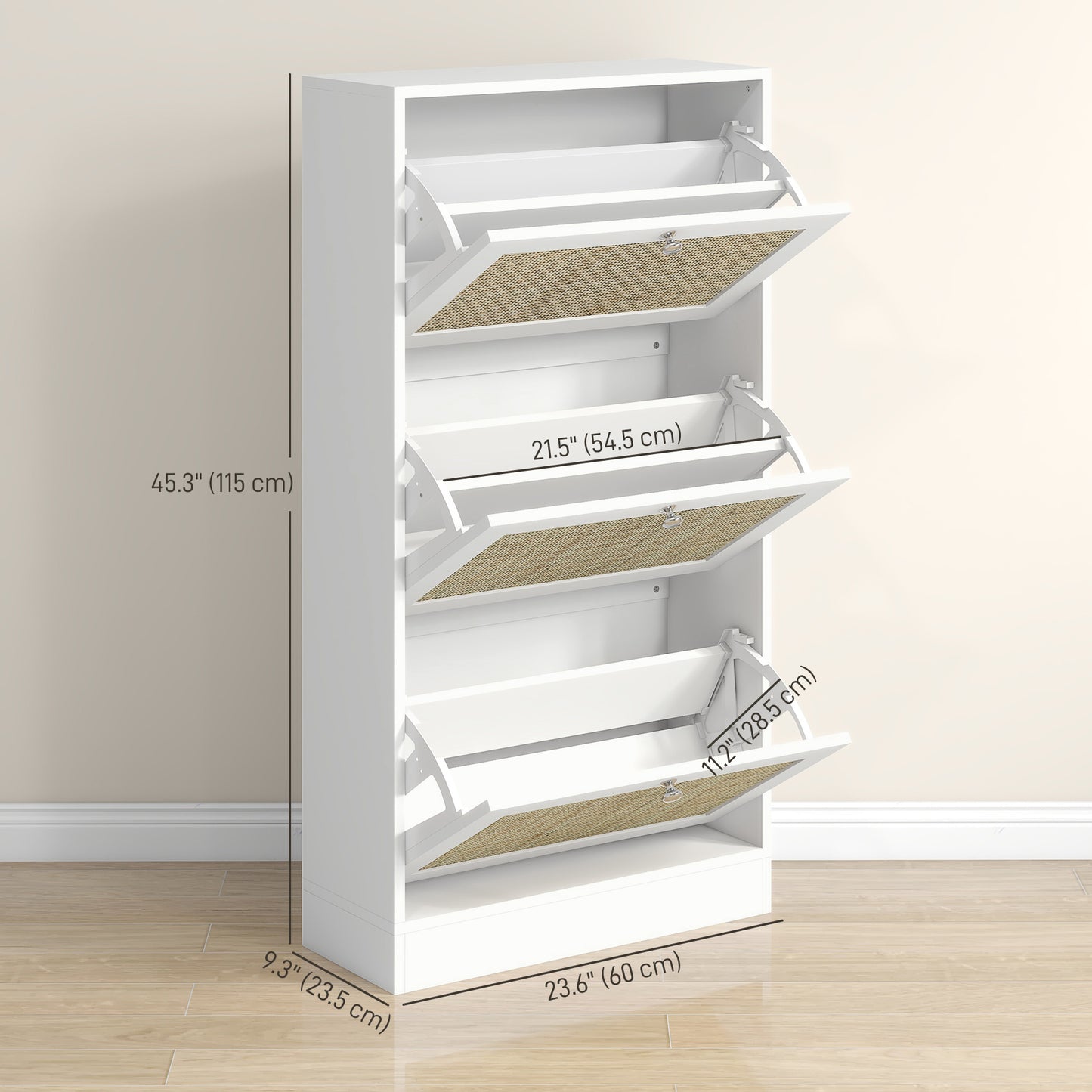 Rattan Front Shoe Cabinet with 3 Flip Drawers for 18 Pairs, White