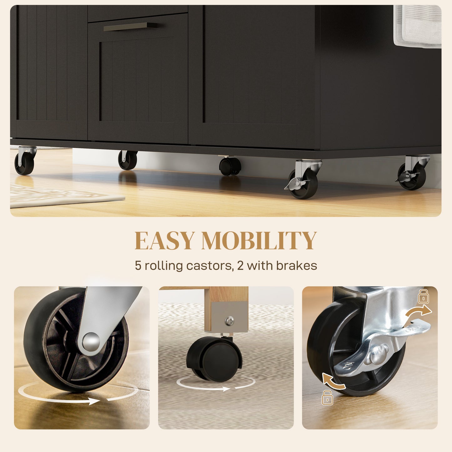 Rolling Kitchen Cart with Drop Leaf, 3 Drawers and Solid Wood Top, Black
