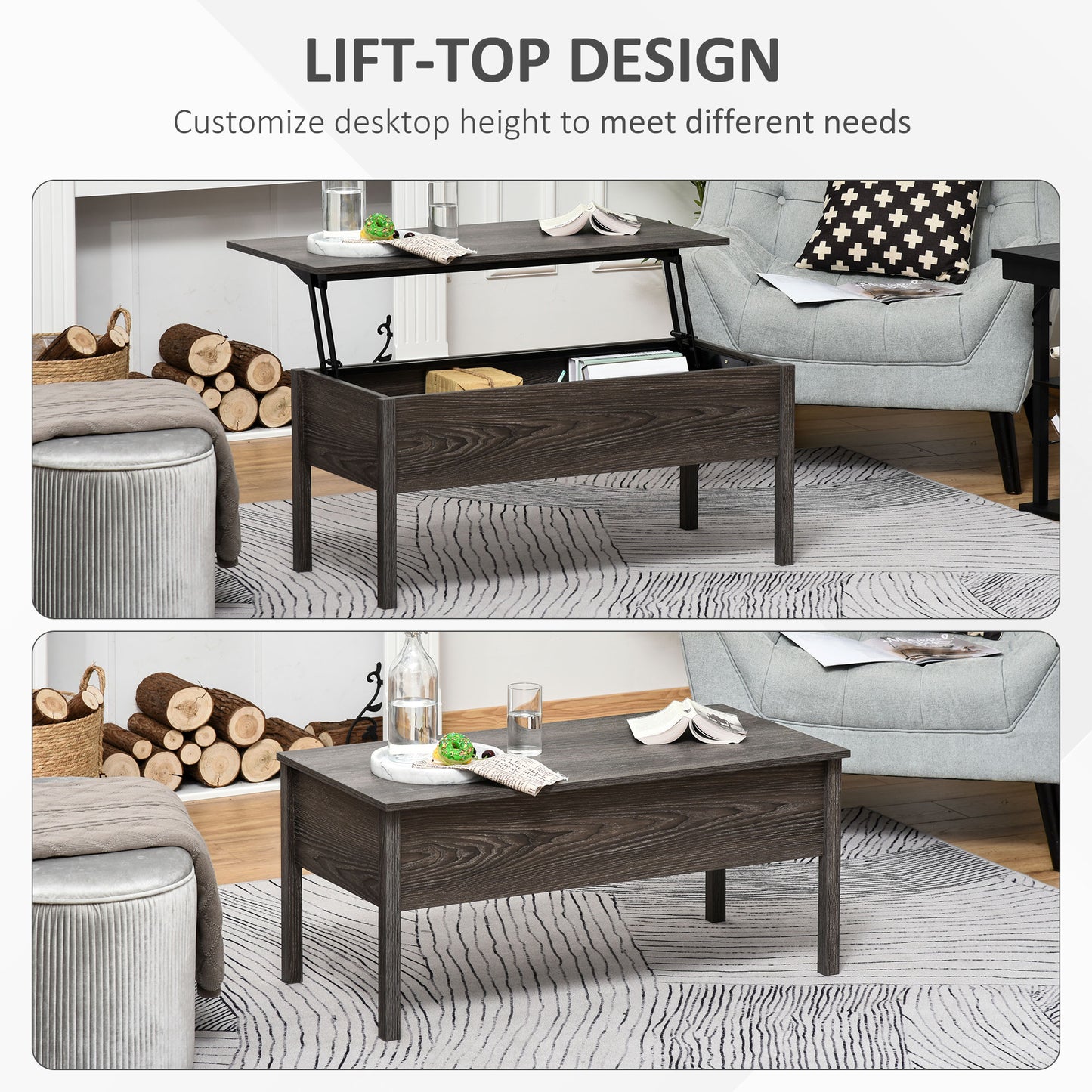 39" Lift Top Coffee Table with Hidden Storage, Gray