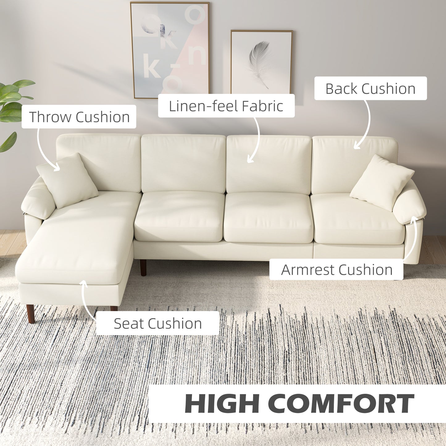 L-Shaped Sectional Sofa with Reversible Chaise and Pillows, Cream White