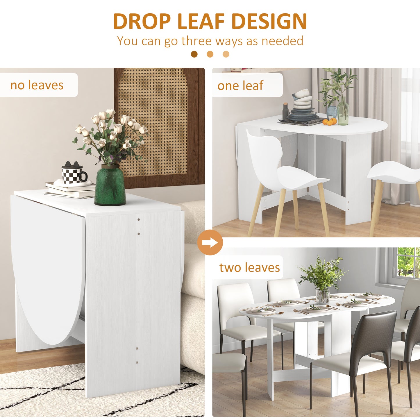 Oval Drop Leaf Dining Table with Space-Saving Design for Up to 6 People, Distressed White
