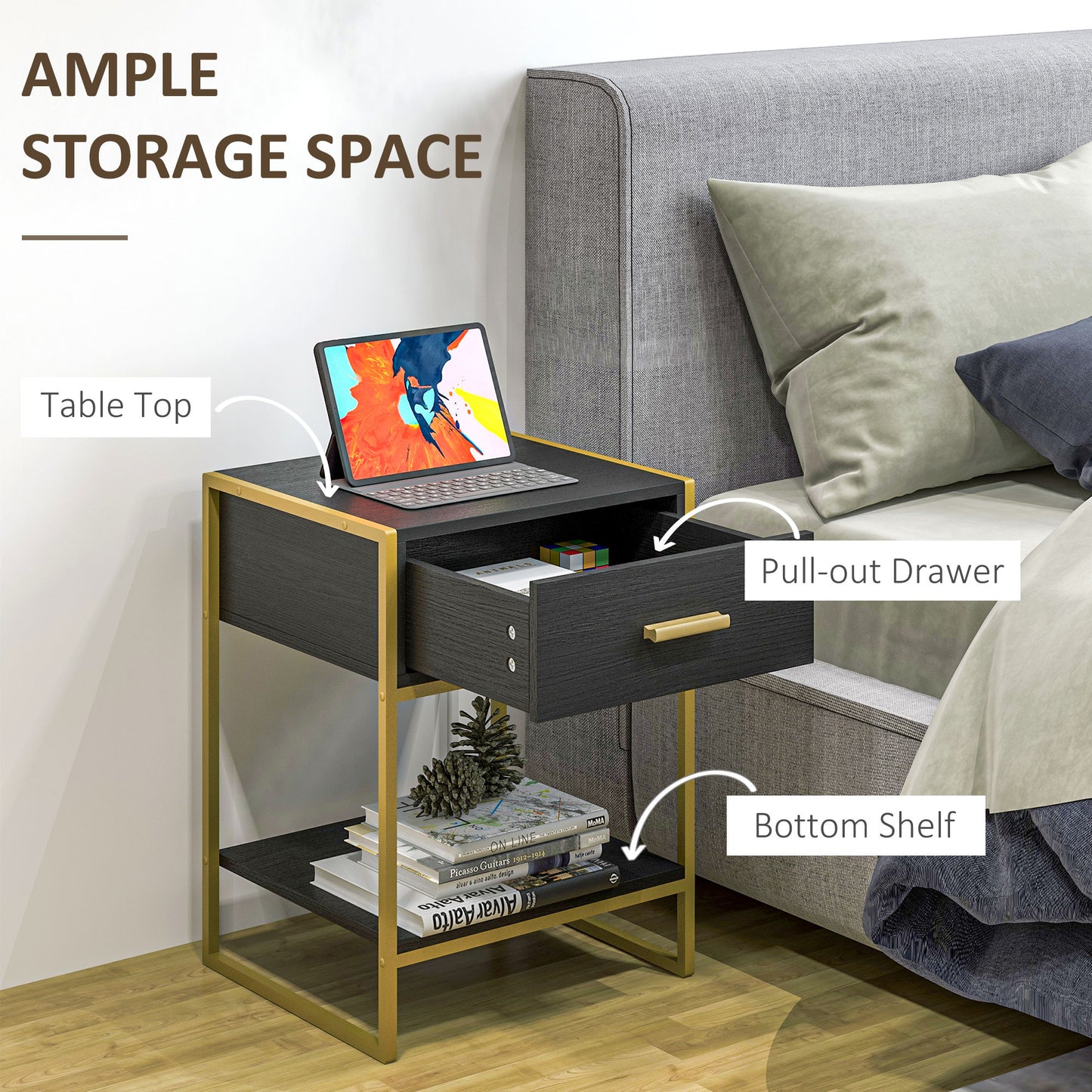 Modern Nightstands with Gold Steel Frame and Drawer, Black (Set of 2)