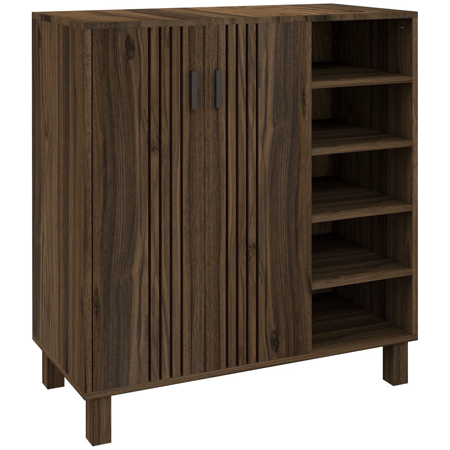 17 Pair Shoe Storage Cabinet with Double Doors and Open Shelves, Walnut