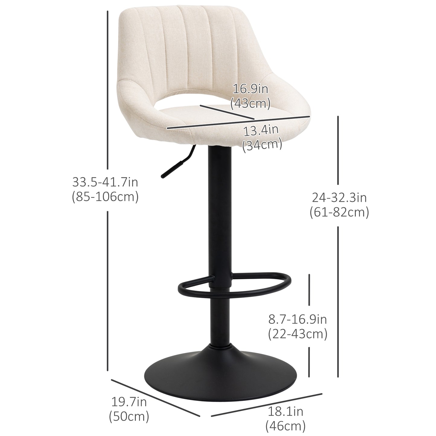 Adjustable Height Swivel Bar Stools with Linen Upholstery, Cream (Set of 2)