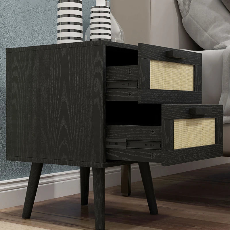 Boho Nightstands with Woven Rattan Drawers, Black (Set of 2)