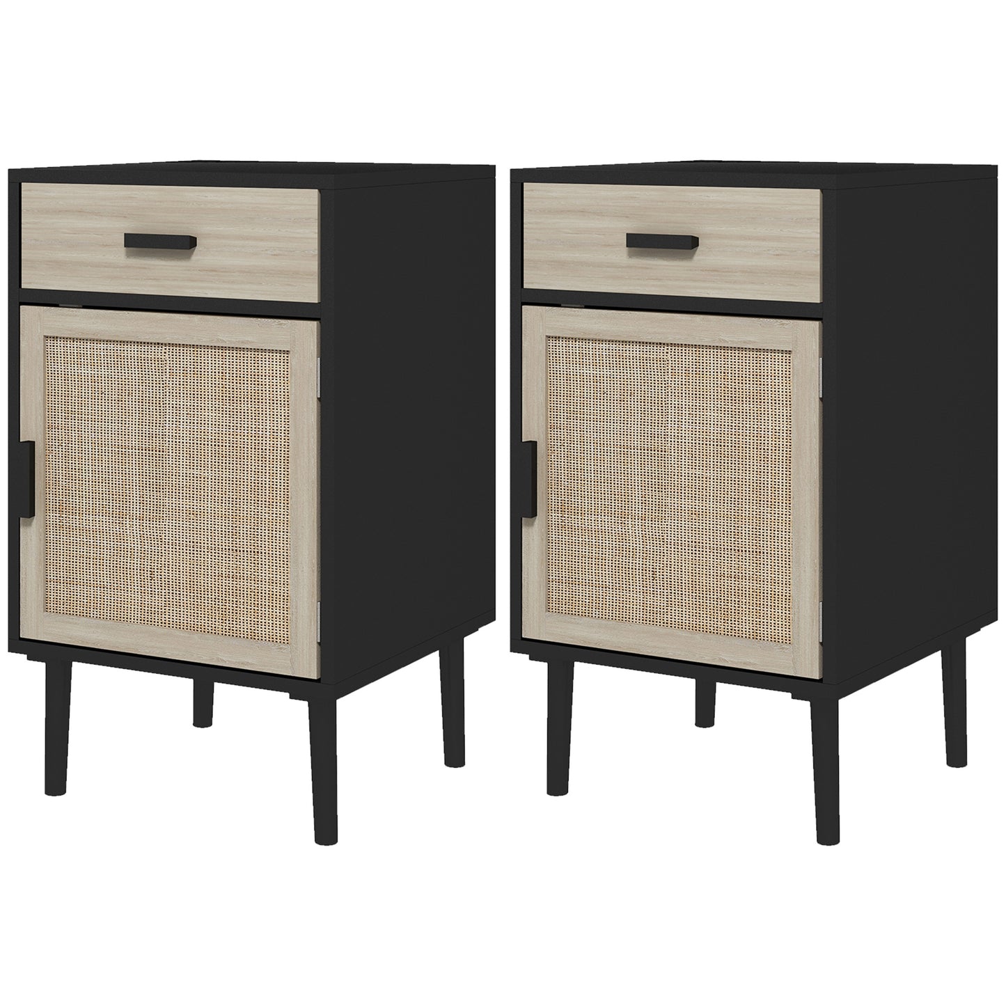 Boho Nightstands with Rattan Cabinet and Adjustable Shelf, Black (Set of 2)
