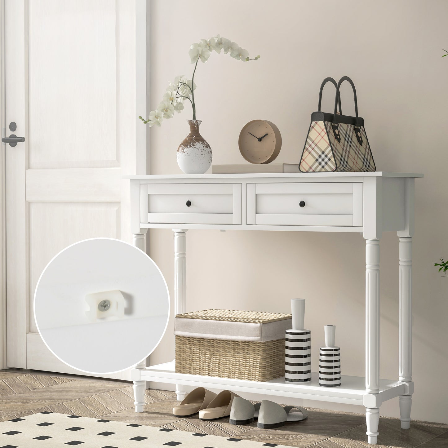36" Console Table with Classic Turned Legs and Storage, White