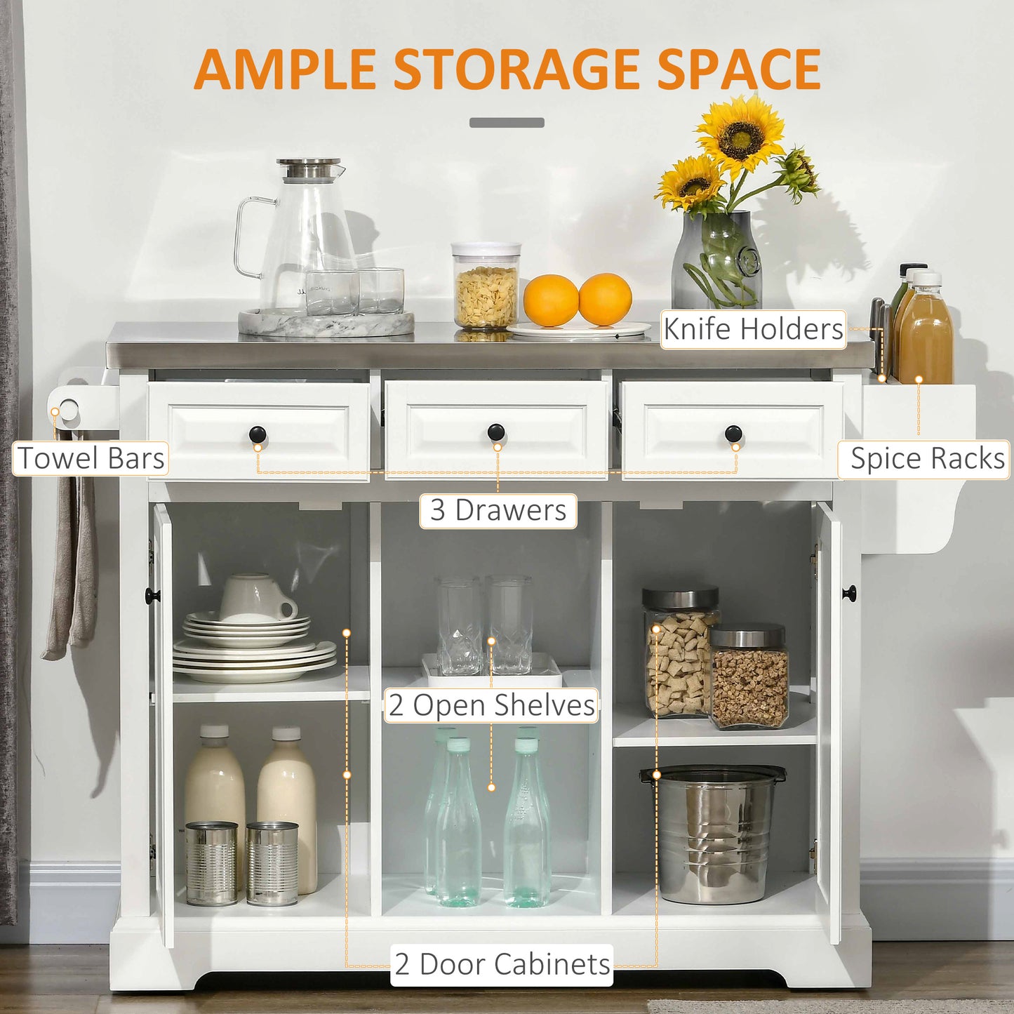 Kitchen Island Cart with Stainless Steel Top, Spice Rack and Storage Drawers, White