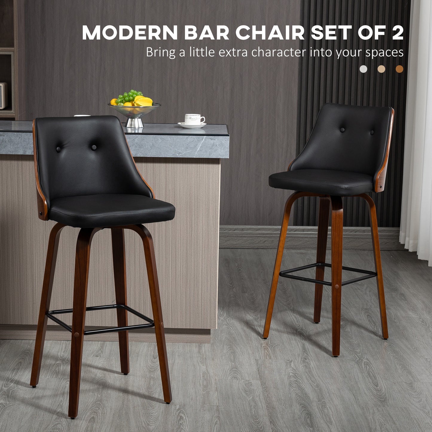 Swivel Bar Stools with Tufted PU Leather and Wood Legs, Black (Set of 2)