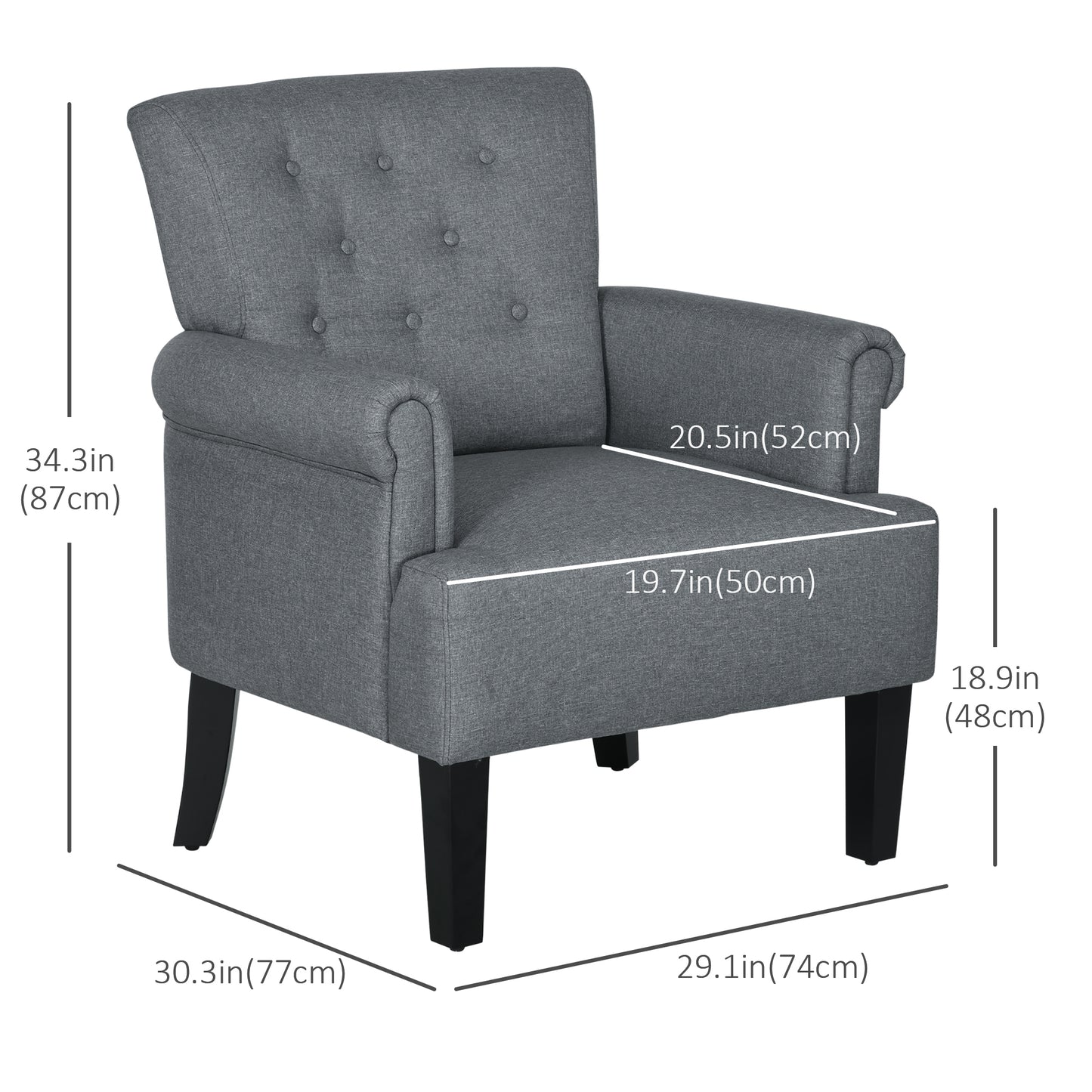Fabric Accent Chair with Wood Legs and Rolled Arms, Gray