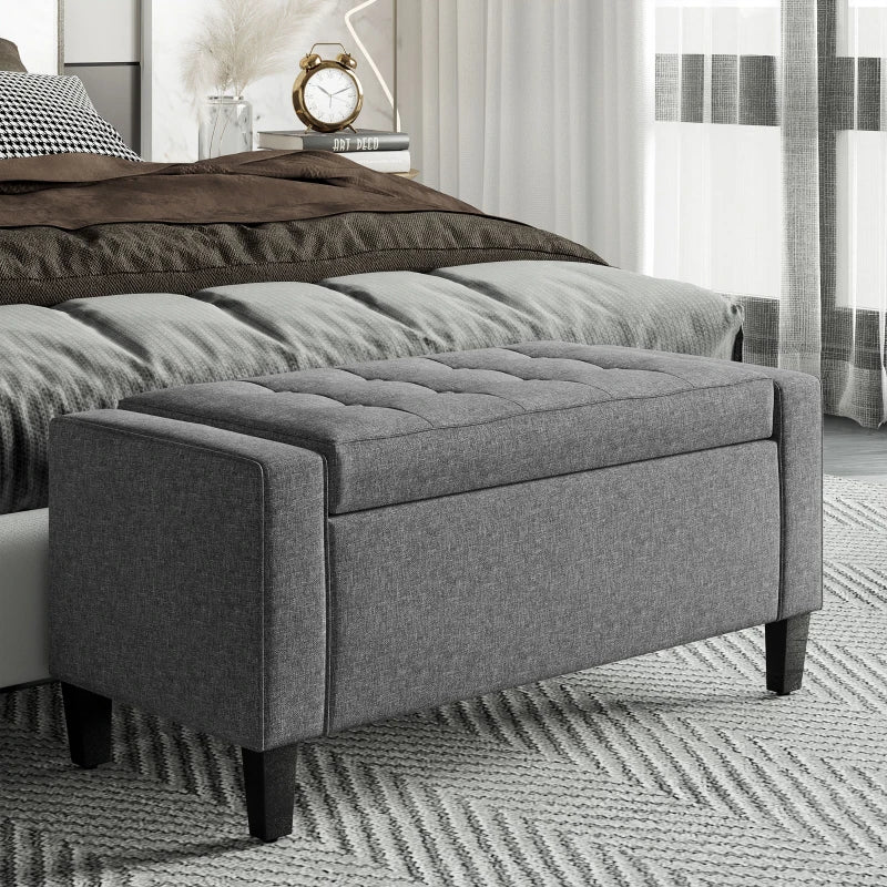 Linen-Touch Storage Ottoman Bench with Tufted Design, Gray