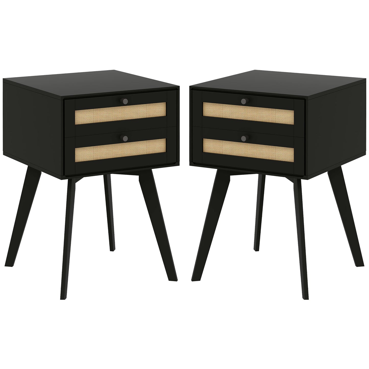 Boho Square Nightstands with 2 Rattan Drawers, Black (Set of 2)