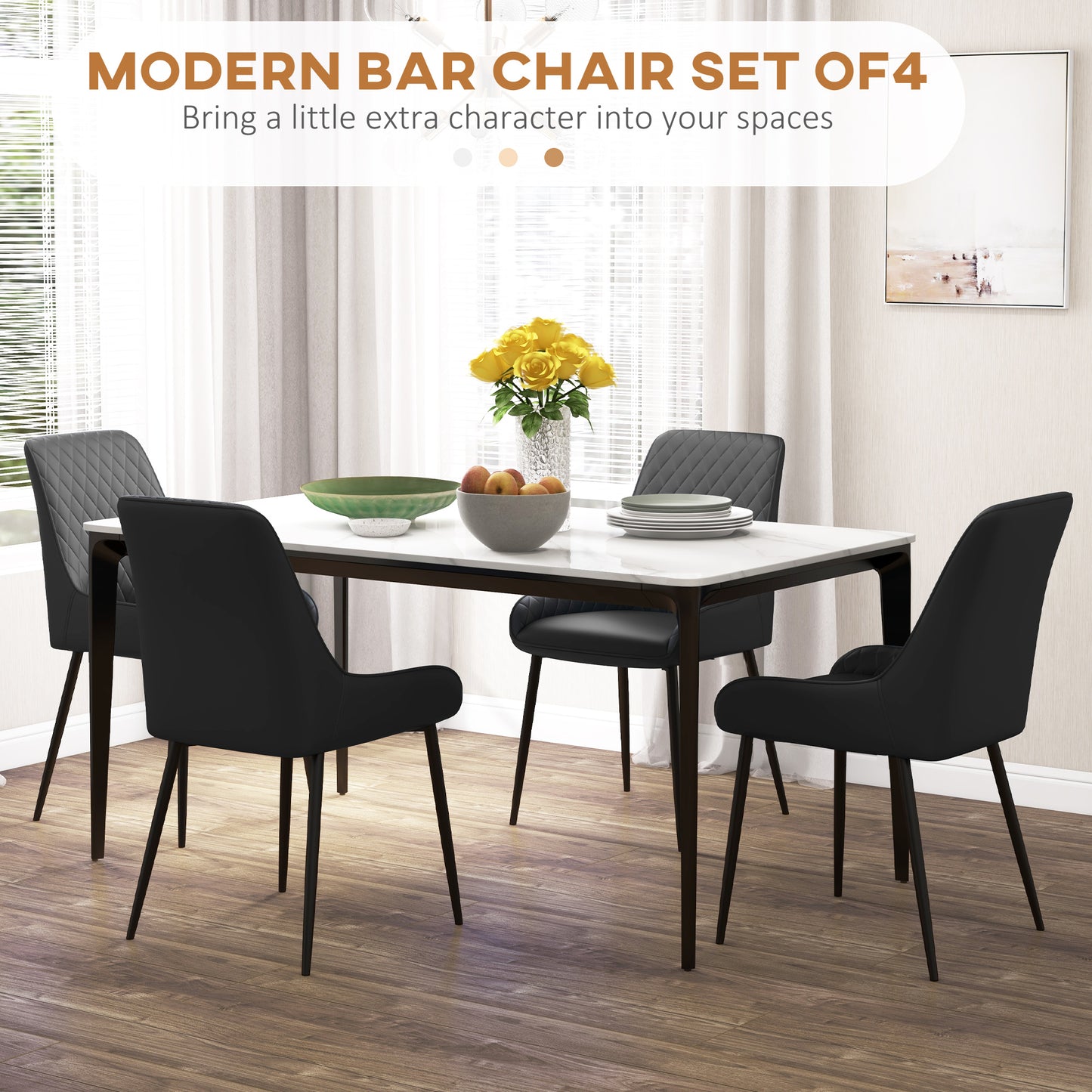 PU Leather Dining Chairs with Diamond Tufting and Metal Legs, Black (Set of 4)