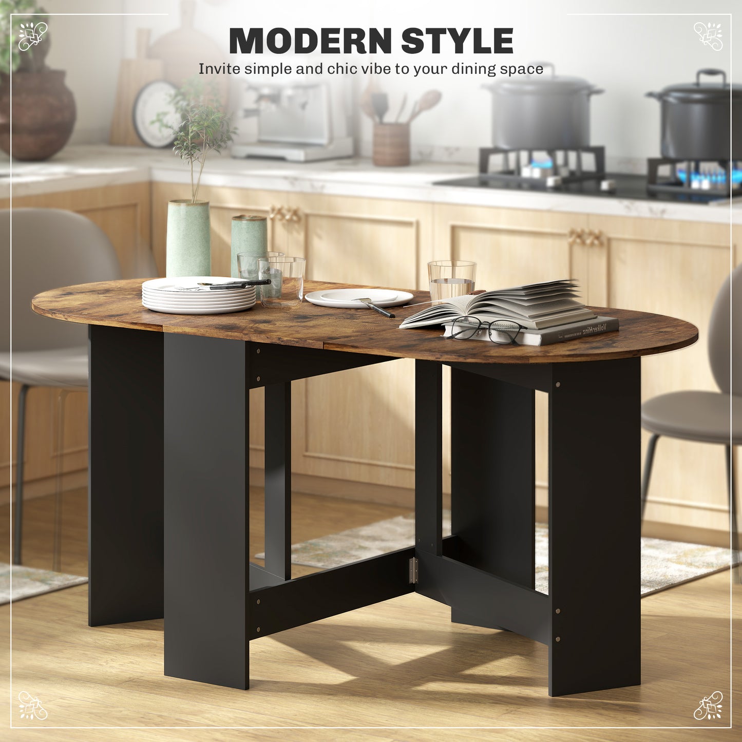 Oval Drop Leaf Dining Table with Space-Saving Design for Up to 6 People, Rustic Brown