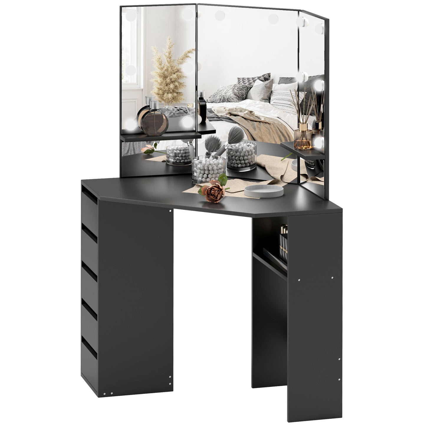 Corner Makeup Vanity with Triple Mirror and LED Lights