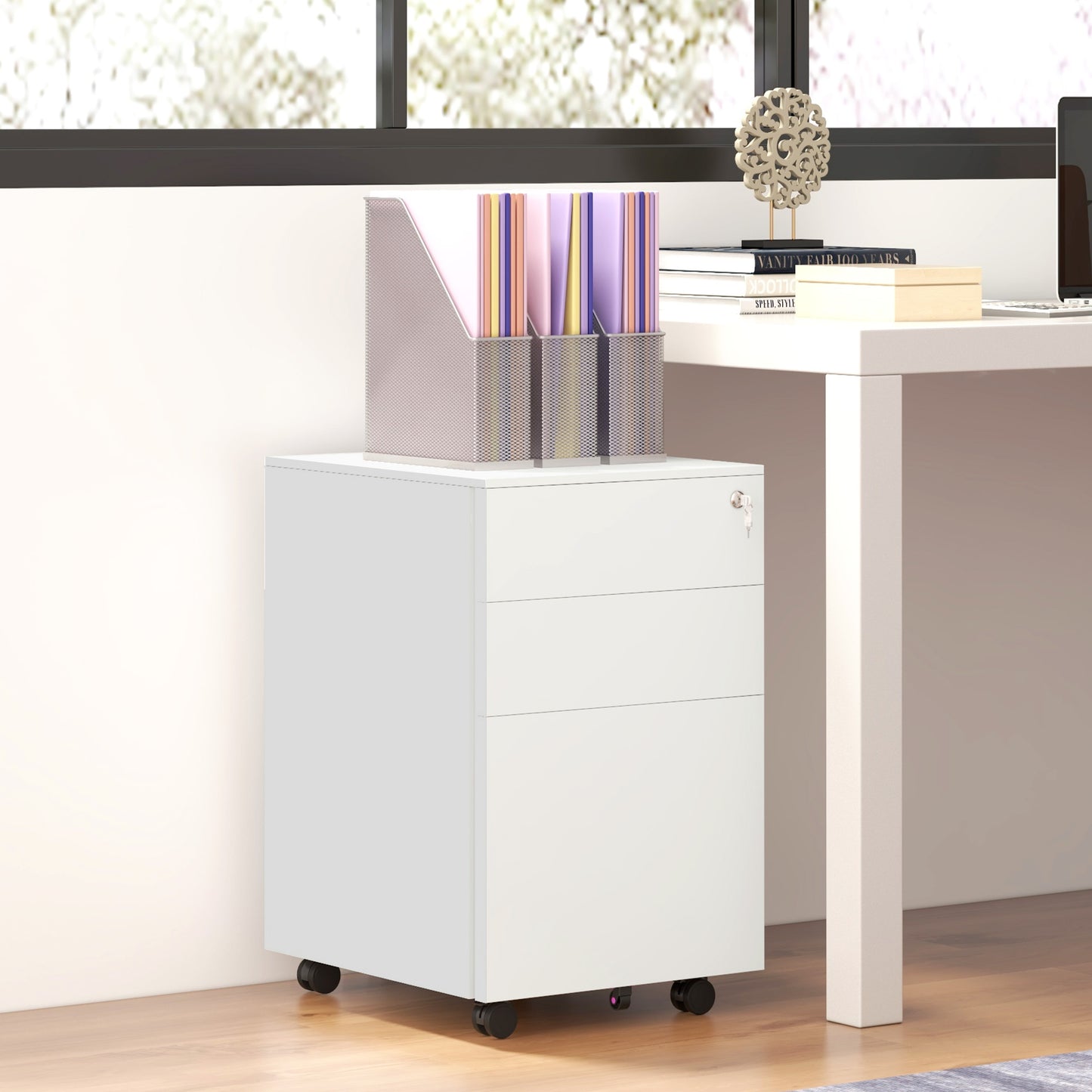 3-Drawer Mobile Steel Filing Cabinet with Lock - White
